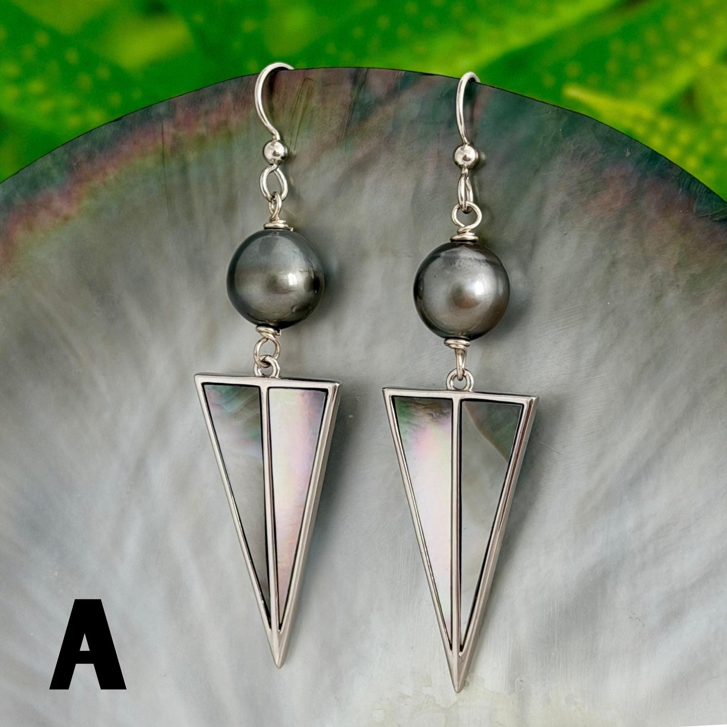 Tahitian Pearl Earrings with Mother of Pearl Inlay – Sterling Silver Dangle jewelry
