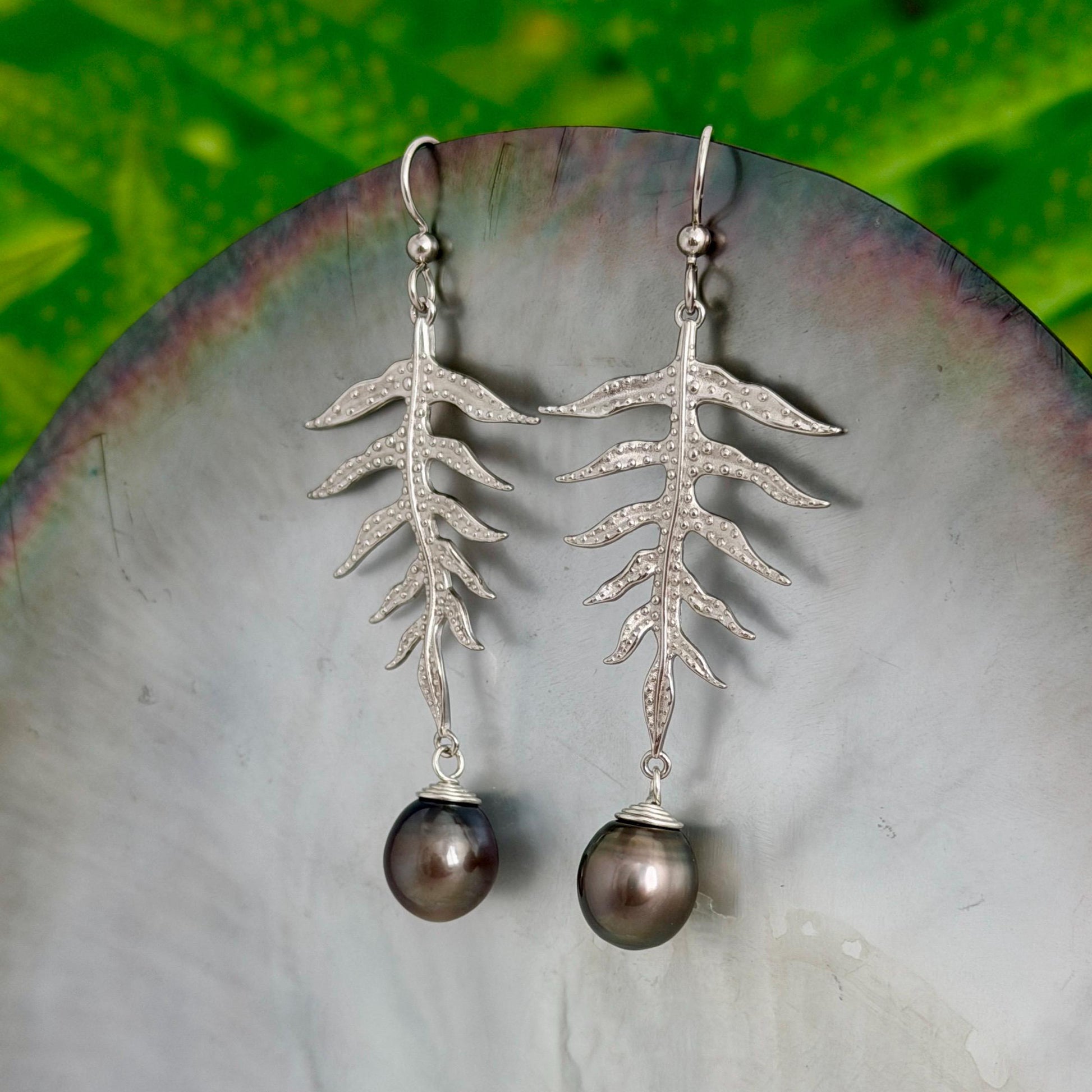 Laua’e Dangle Earrings • Tahitian pearl jewelry • Sterling silver