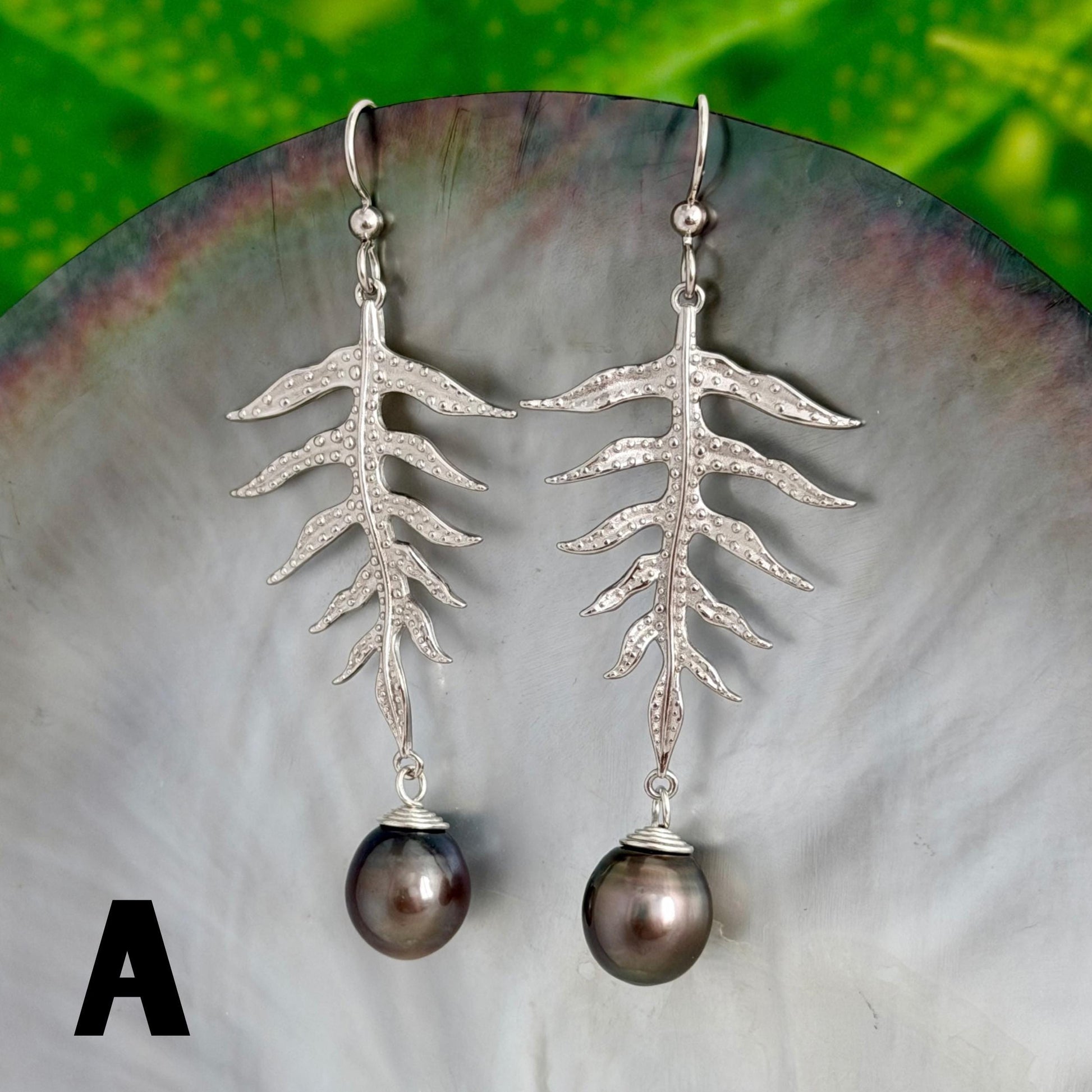 Laua’e Dangle Earrings • Tahitian pearl jewelry • Sterling silver