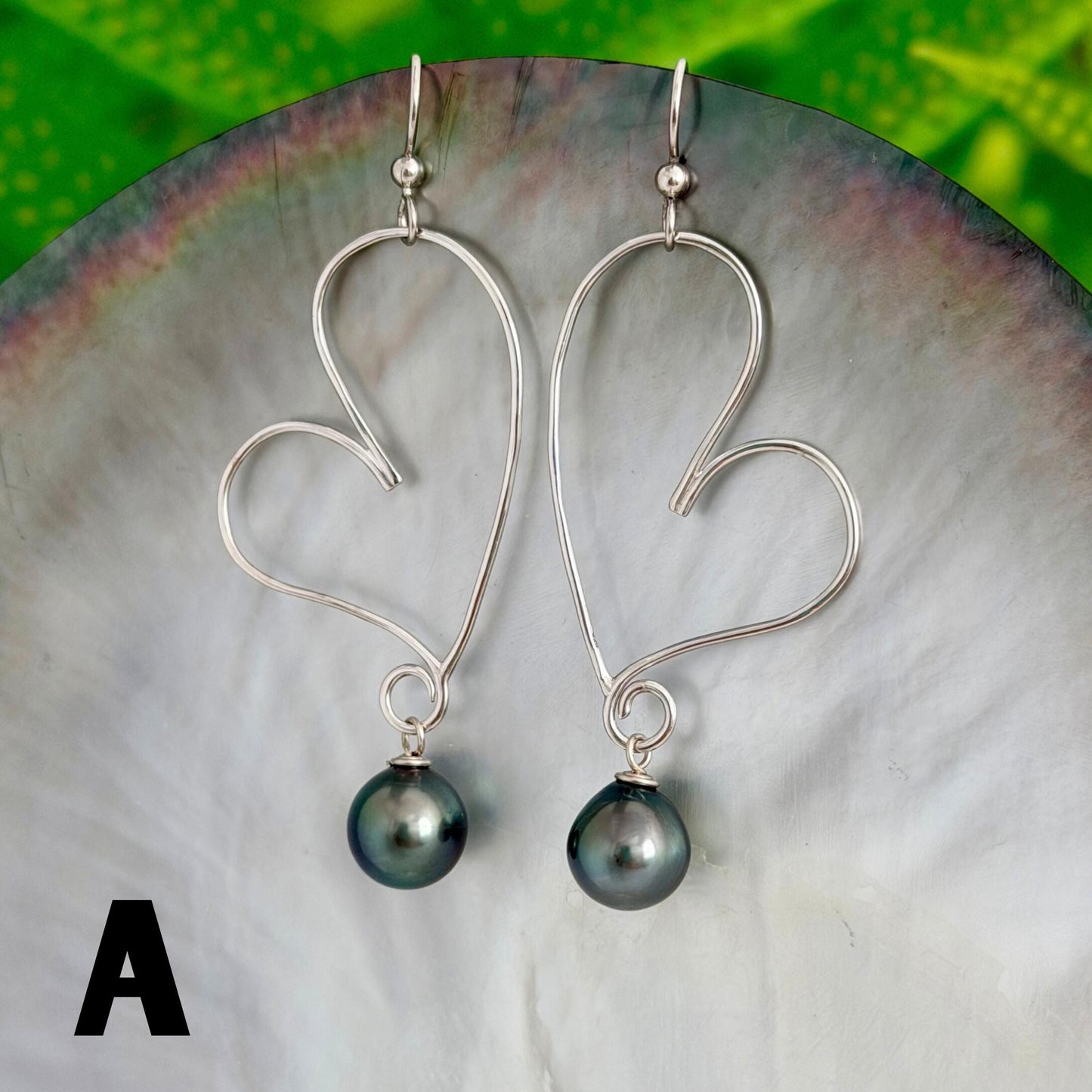 Tahitian Pearl Heart Earrings: Sterling silver Dangle Earrings