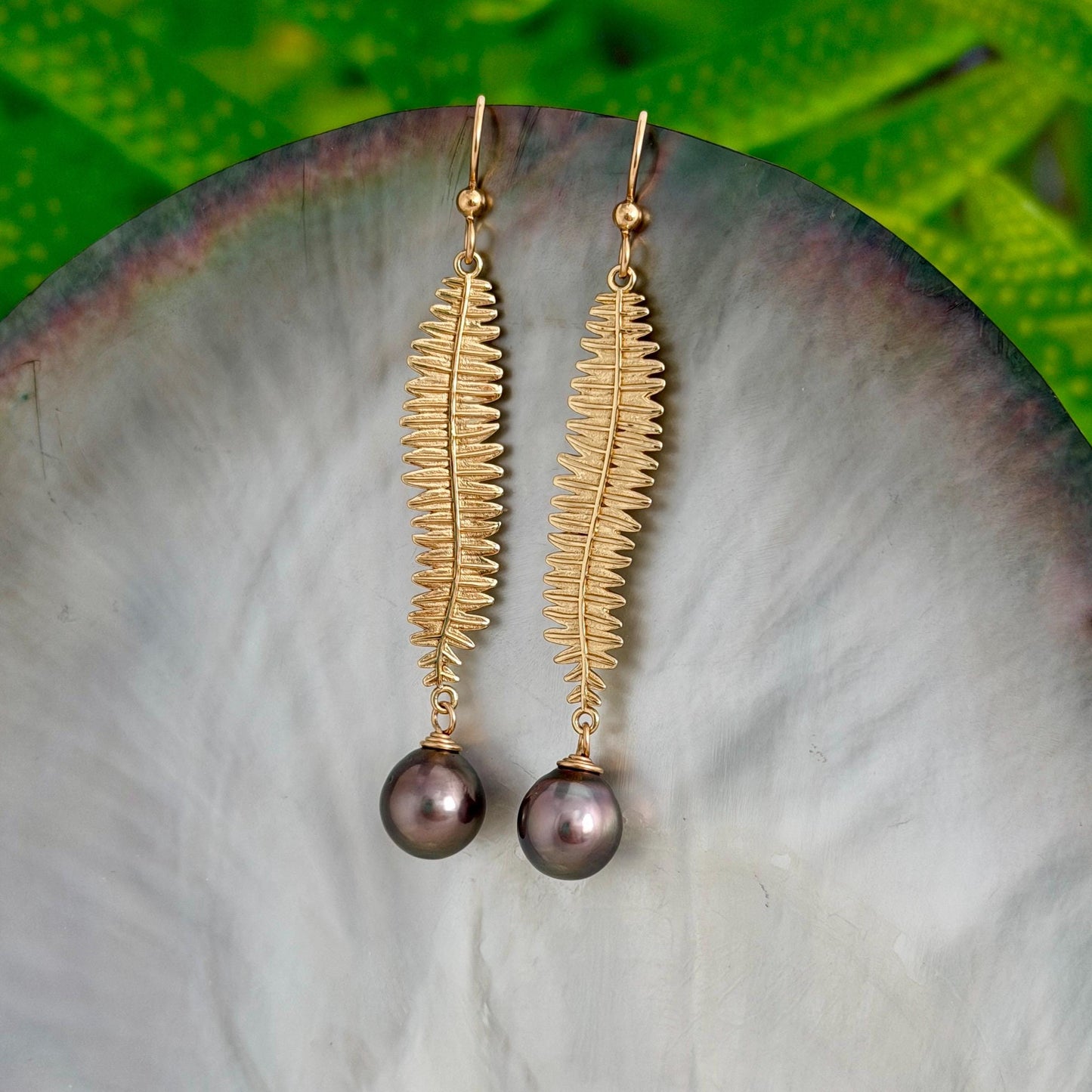Kupukupu Dangle Earrings • Tahitian black pearl jewelry • Hawaiian inspired Fern