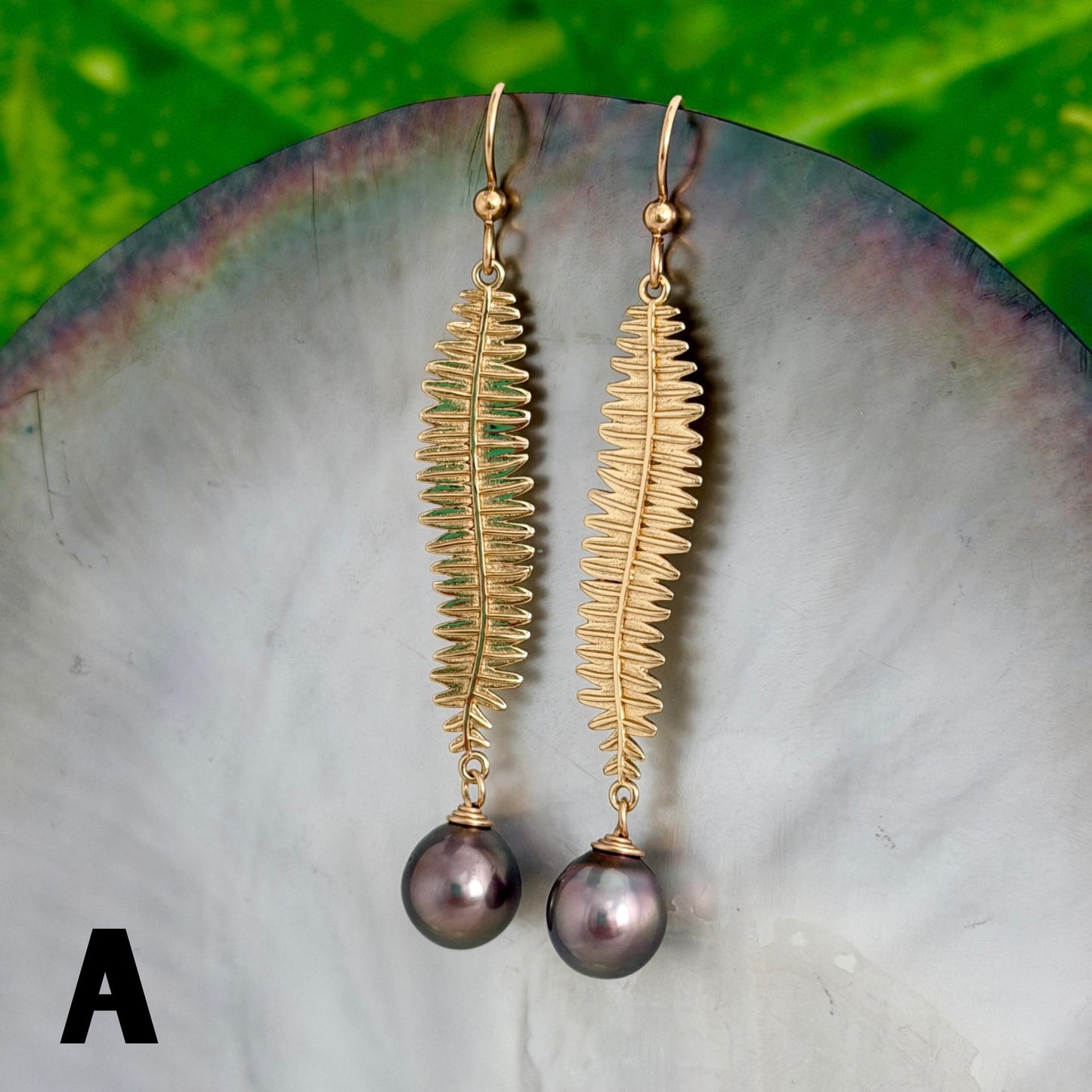 Kupukupu Dangle Earrings • Tahitian black pearl jewelry • Hawaiian inspired Fern
