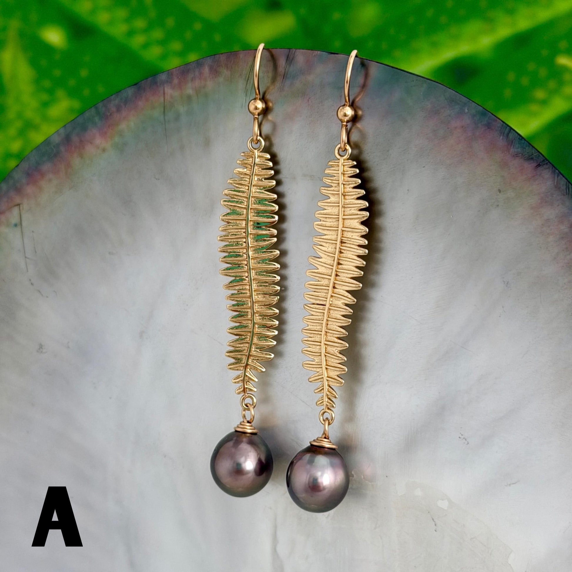 Kupukupu Dangle Earrings • Tahitian black pearl jewelry • Hawaiian inspired Fern