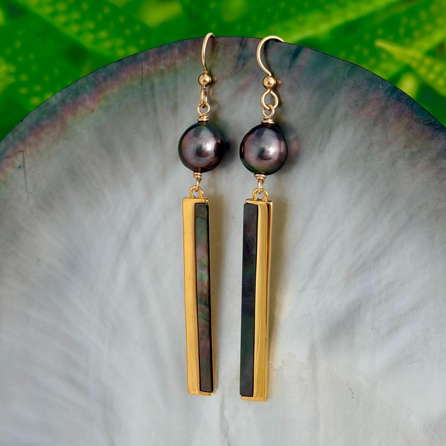 Tahitian Pearl & Shell Dangle Earrings • 14k Gold Vermeil Inlay