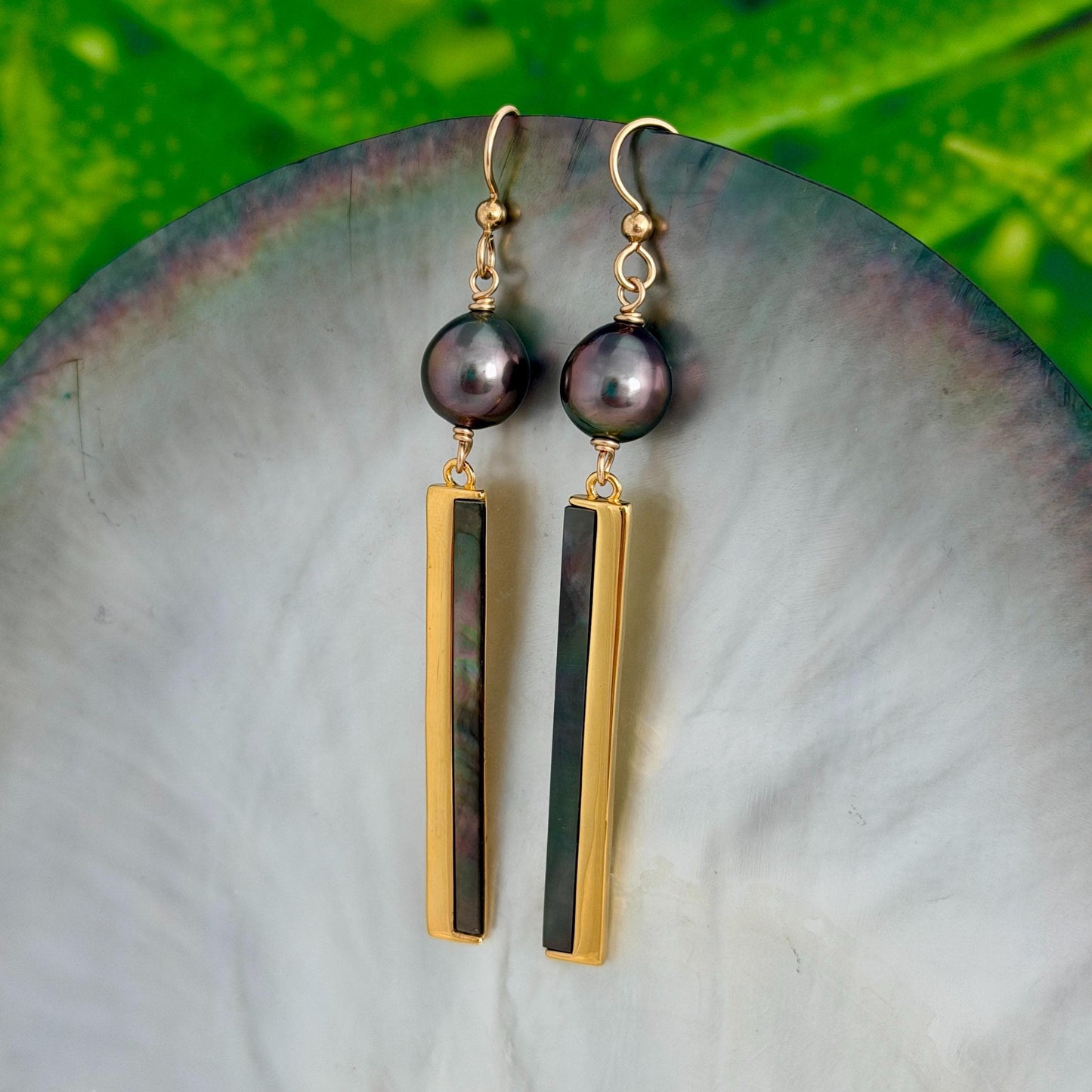 Tahitian Pearl & Shell Dangle Earrings • 14k Gold Vermeil Inlay
