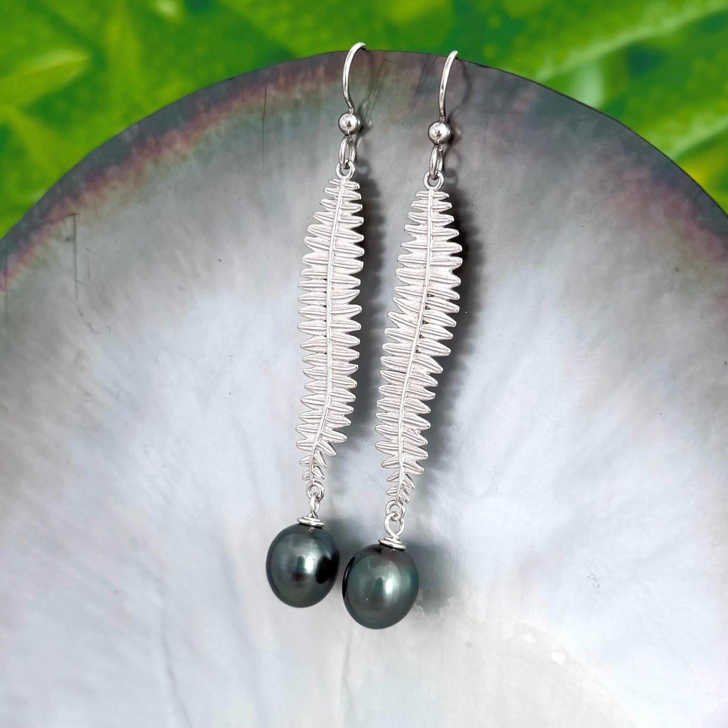 Kupukupu Dangle Earrings • Tahitian black pearl jewelry • Hawaiian inspired