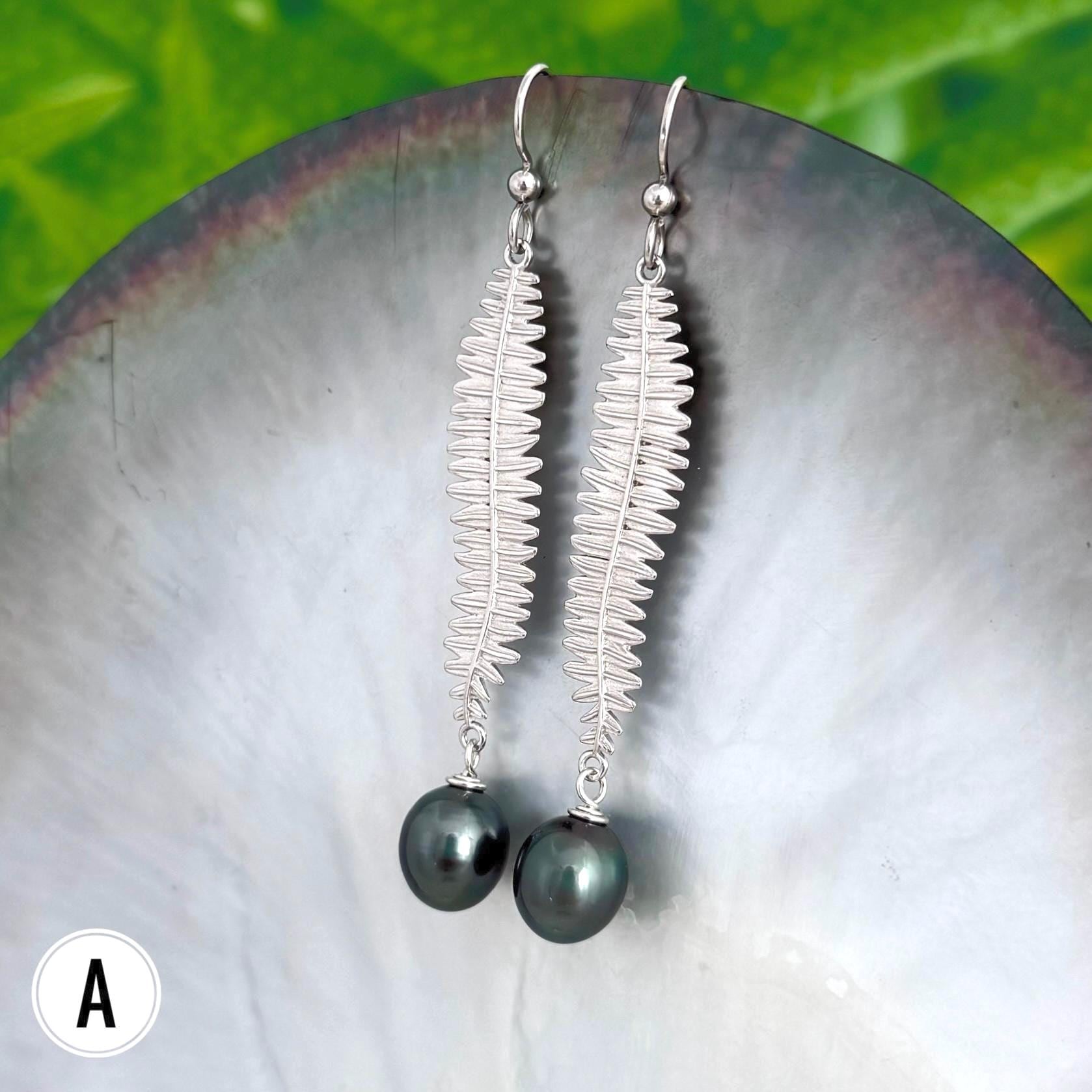 Kupukupu Dangle Earrings • Tahitian black pearl jewelry • Hawaiian inspired