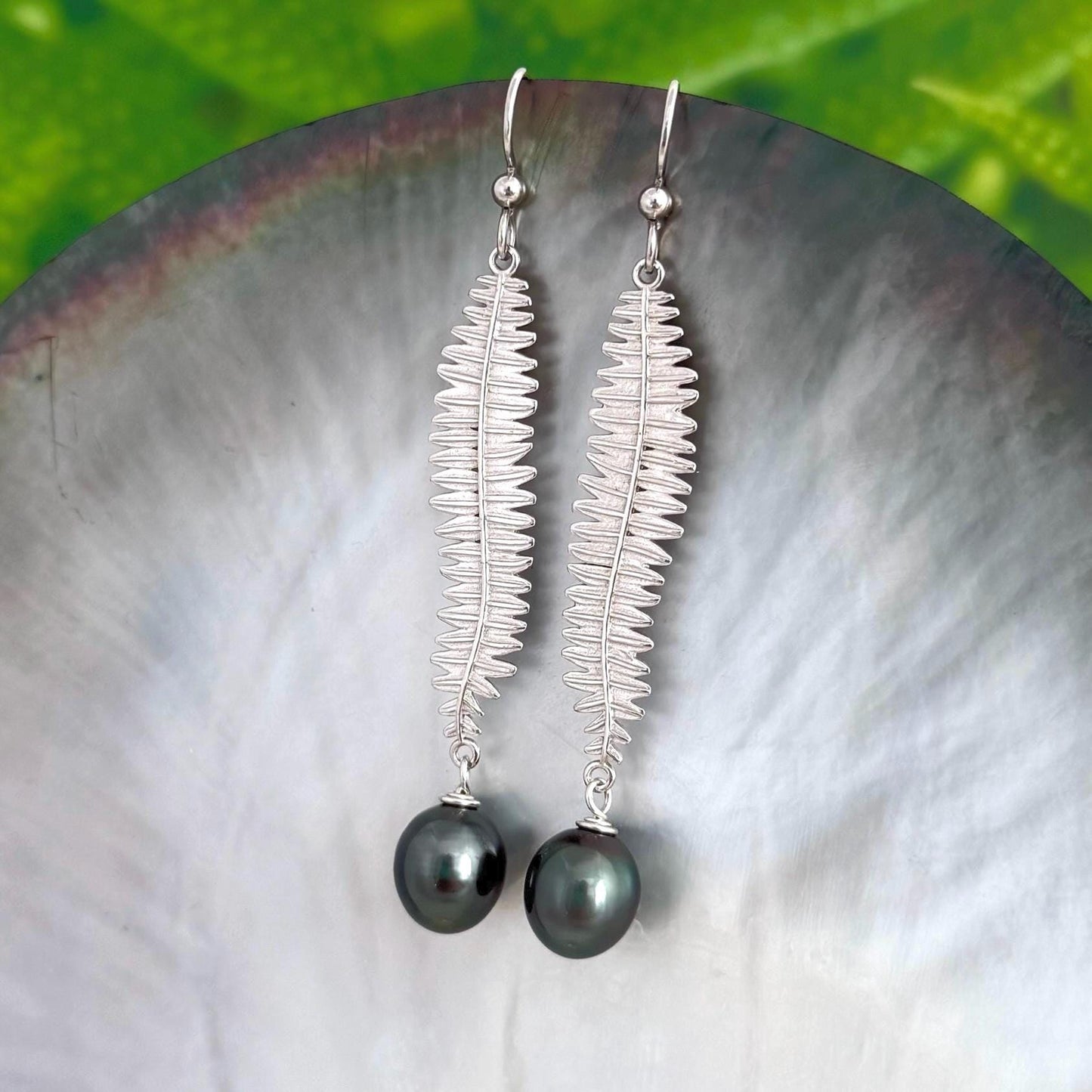 Kupukupu Dangle Earrings • Tahitian black pearl jewelry • Hawaiian inspired