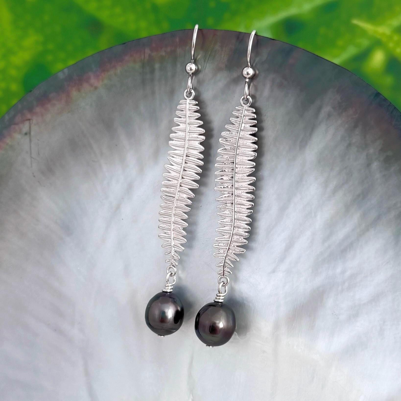 Kupukupu Dangle Earrings • Tahitian black pearl jewelry • Hawaiian inspired