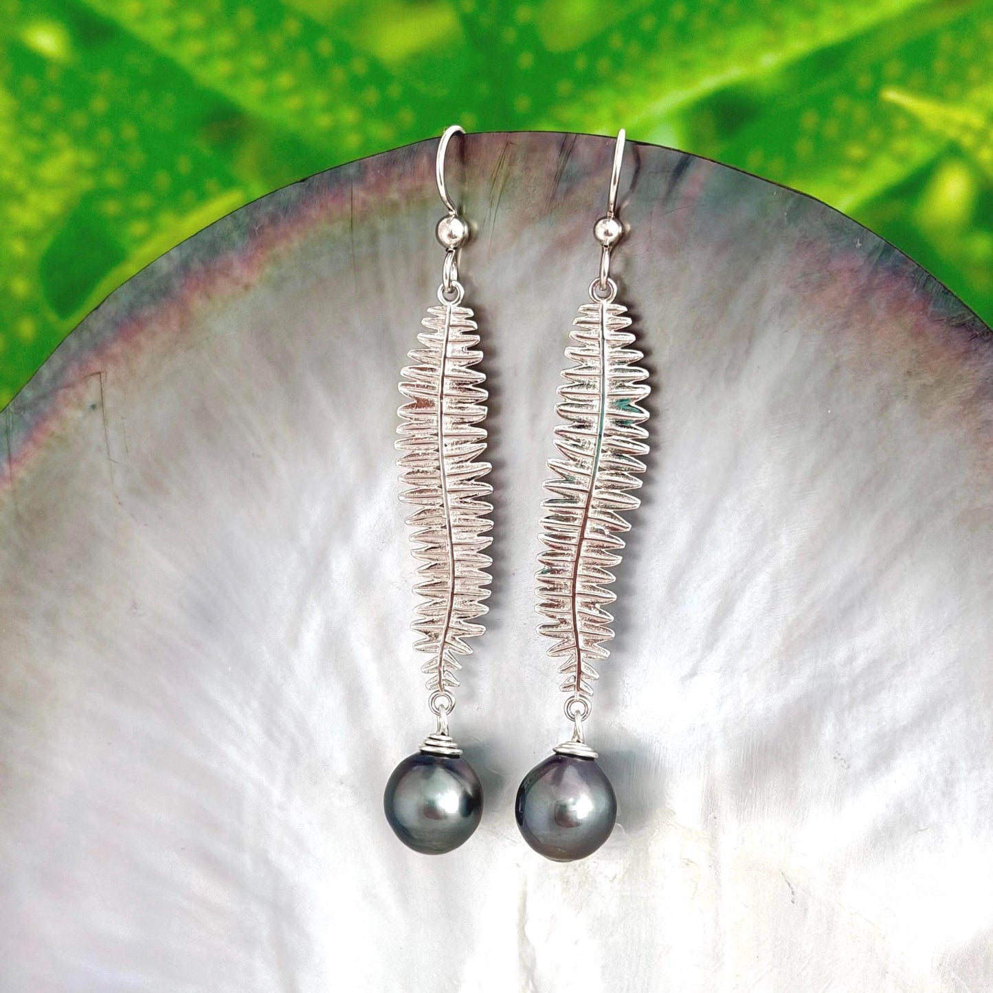 Kupukupu Dangle Earrings • Tahitian black pearl jewelry • Hawaiian inspired