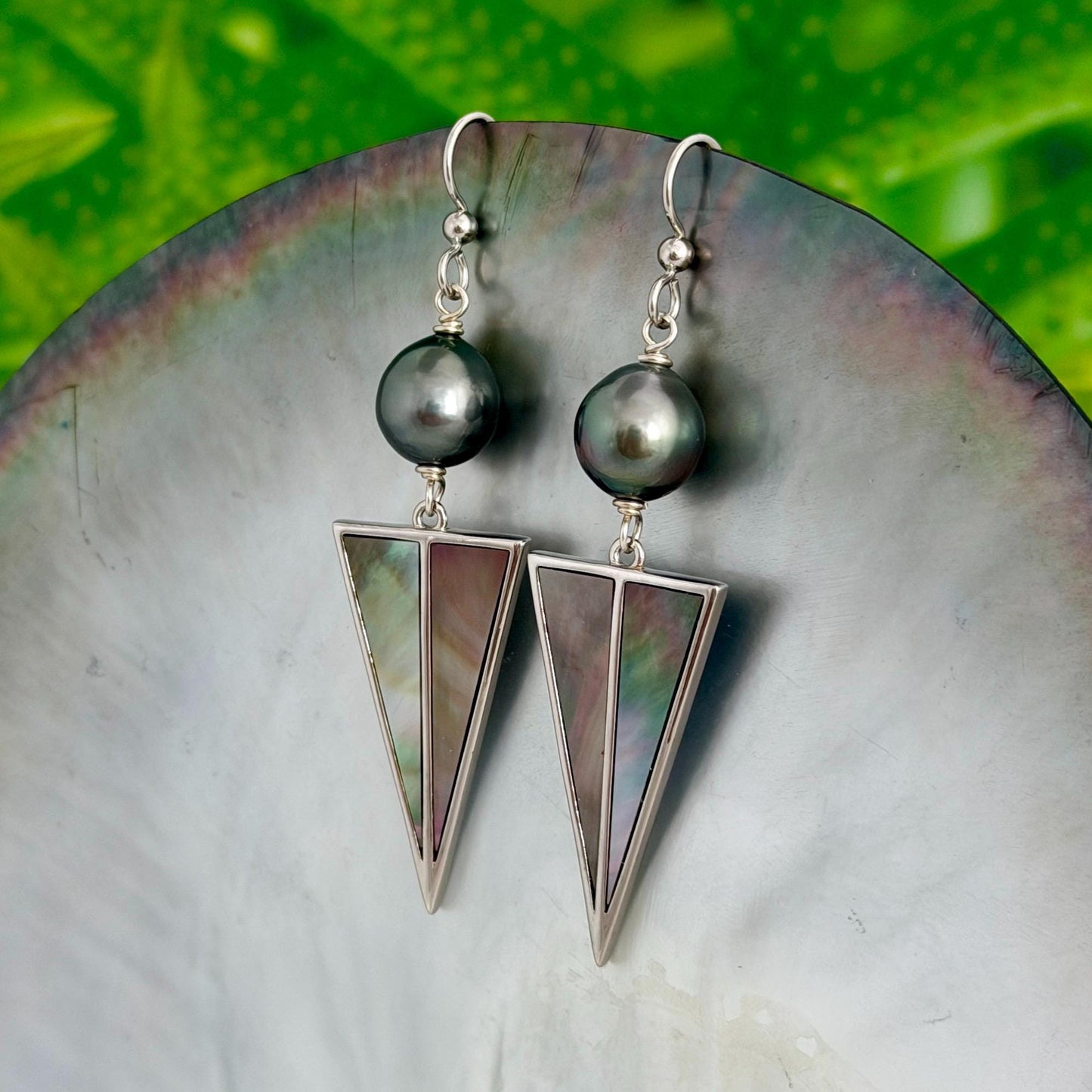Tahitian Pearl Earrings with Mother of Pearl Inlay – Sterling Silver Dangle jewelry
