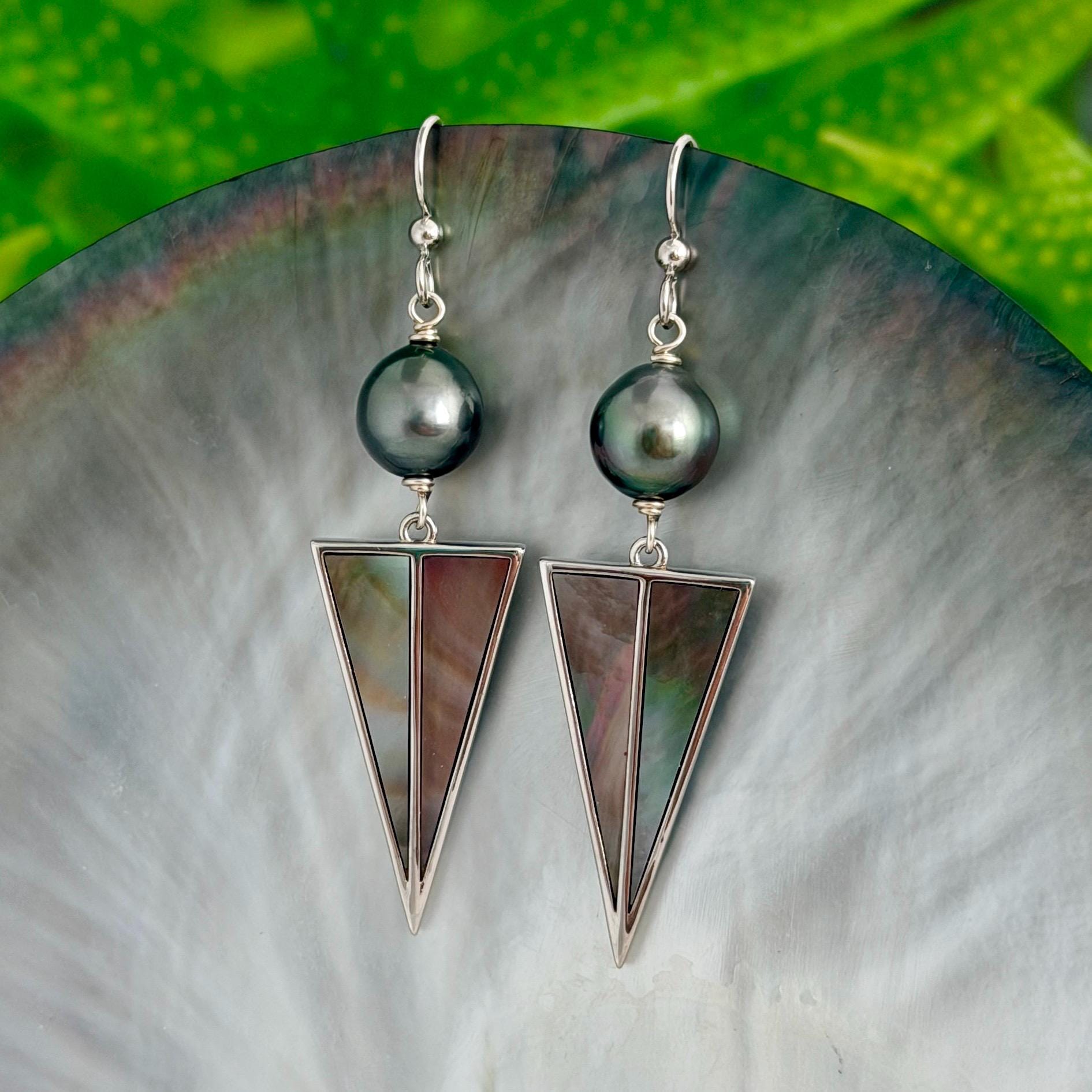 Tahitian Pearl Earrings with Mother of Pearl Inlay – Sterling Silver Dangle jewelry