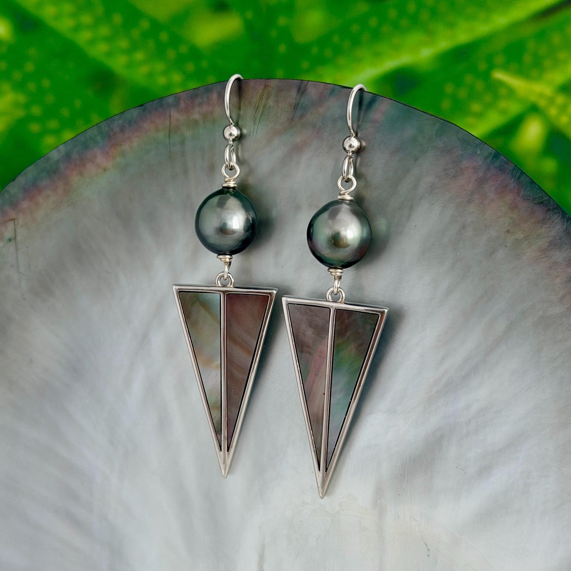 Tahitian Pearl Earrings with Mother of Pearl Inlay – Sterling Silver Dangle jewelry