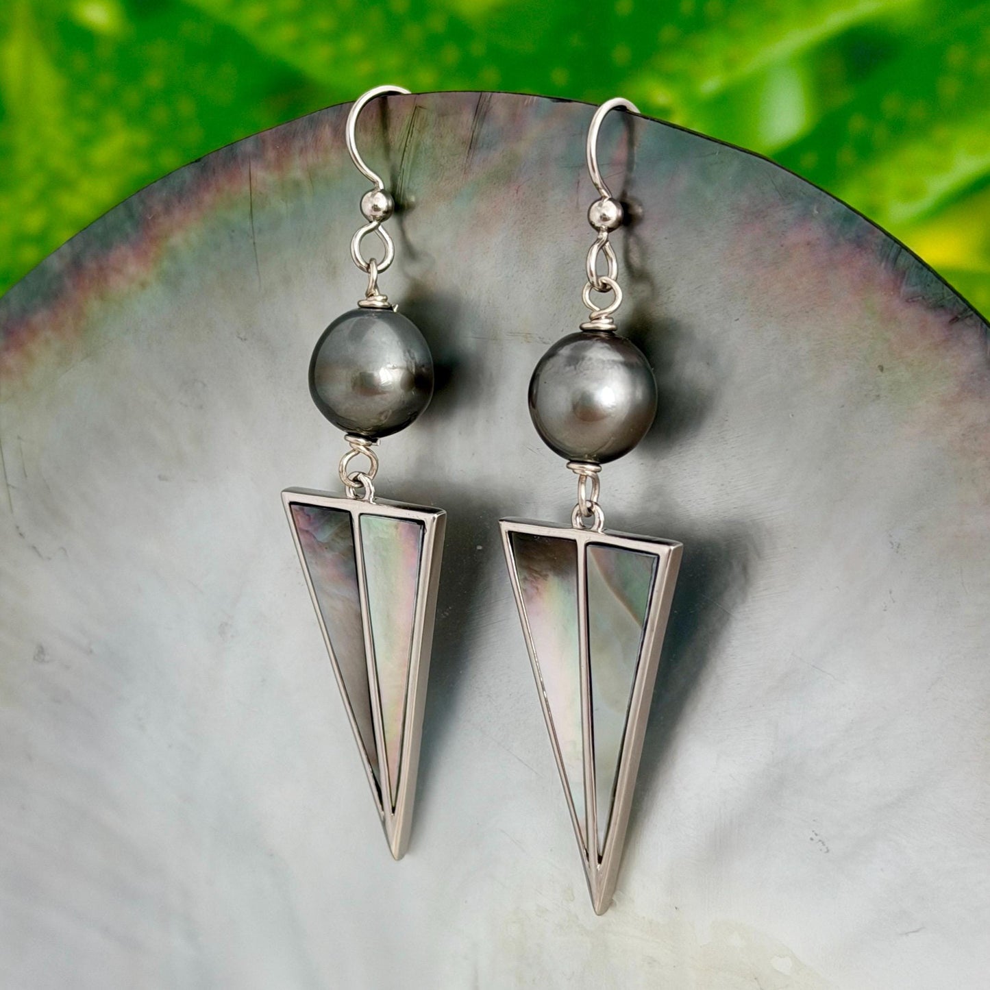 Tahitian Pearl Earrings with Mother of Pearl Inlay – Sterling Silver Dangle jewelry