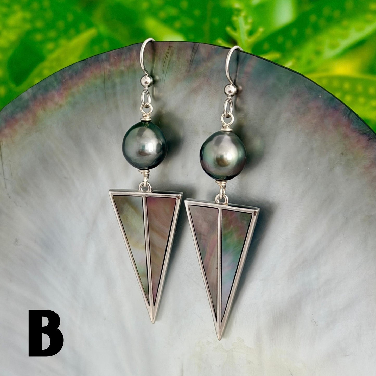 Tahitian Pearl Earrings with Mother of Pearl Inlay – Sterling Silver Dangle jewelry