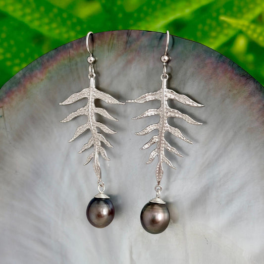 Laua’e Dangle Earrings • Tahitian pearl jewelry • Sterling silver