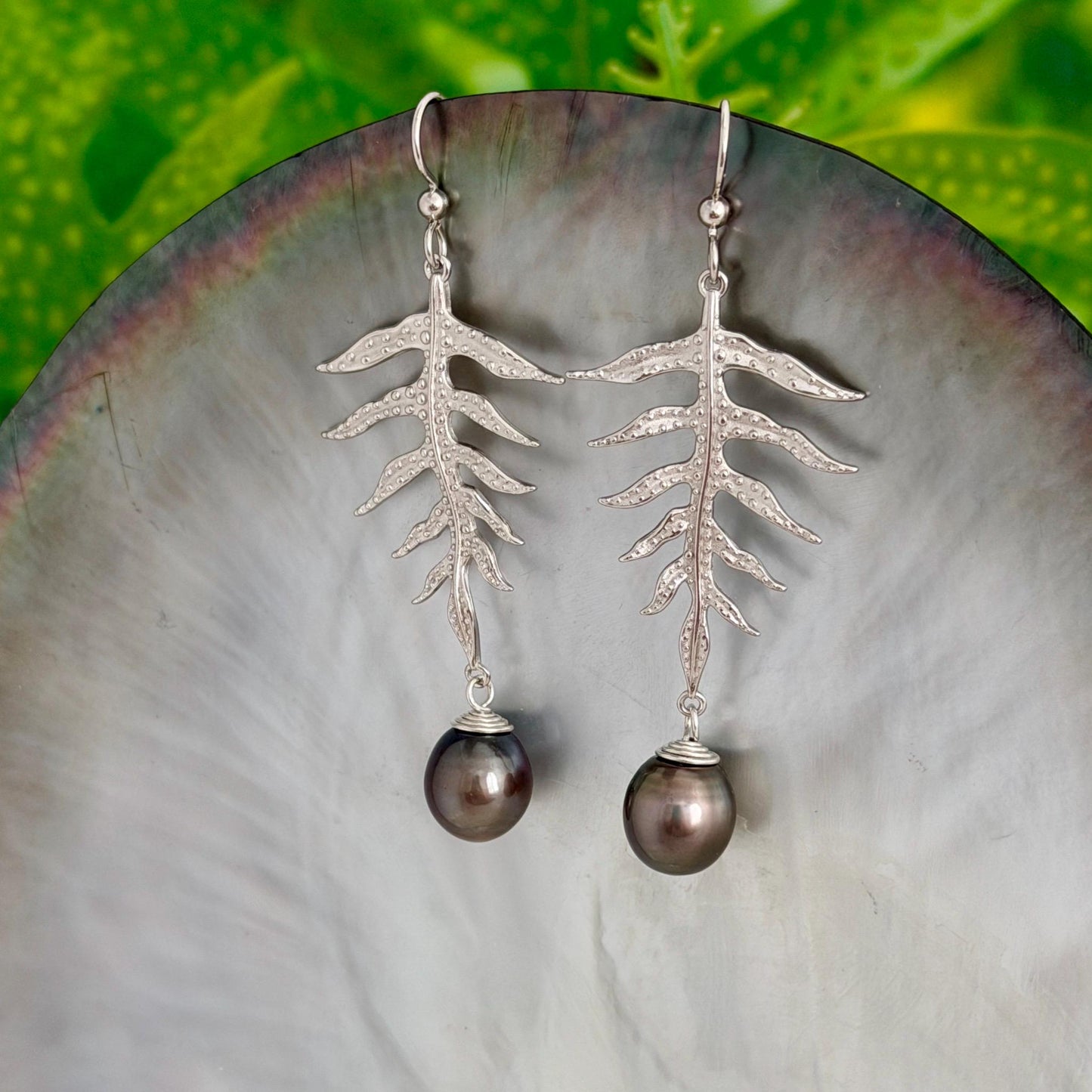 Laua’e Dangle Earrings • Tahitian pearl jewelry • Sterling silver