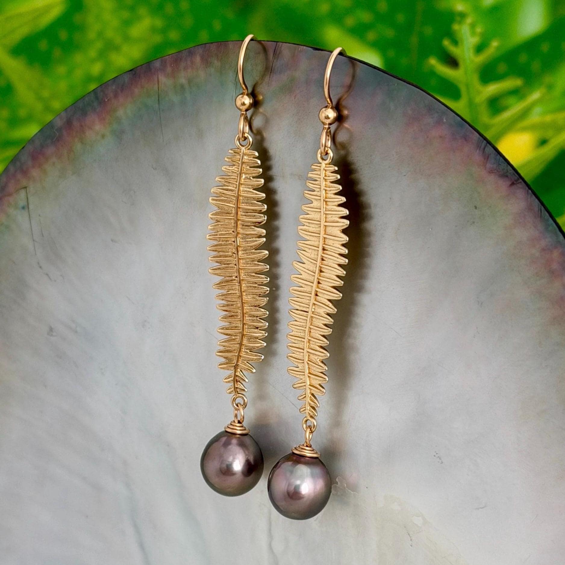 Kupukupu Dangle Earrings • Tahitian black pearl jewelry • Hawaiian inspired Fern