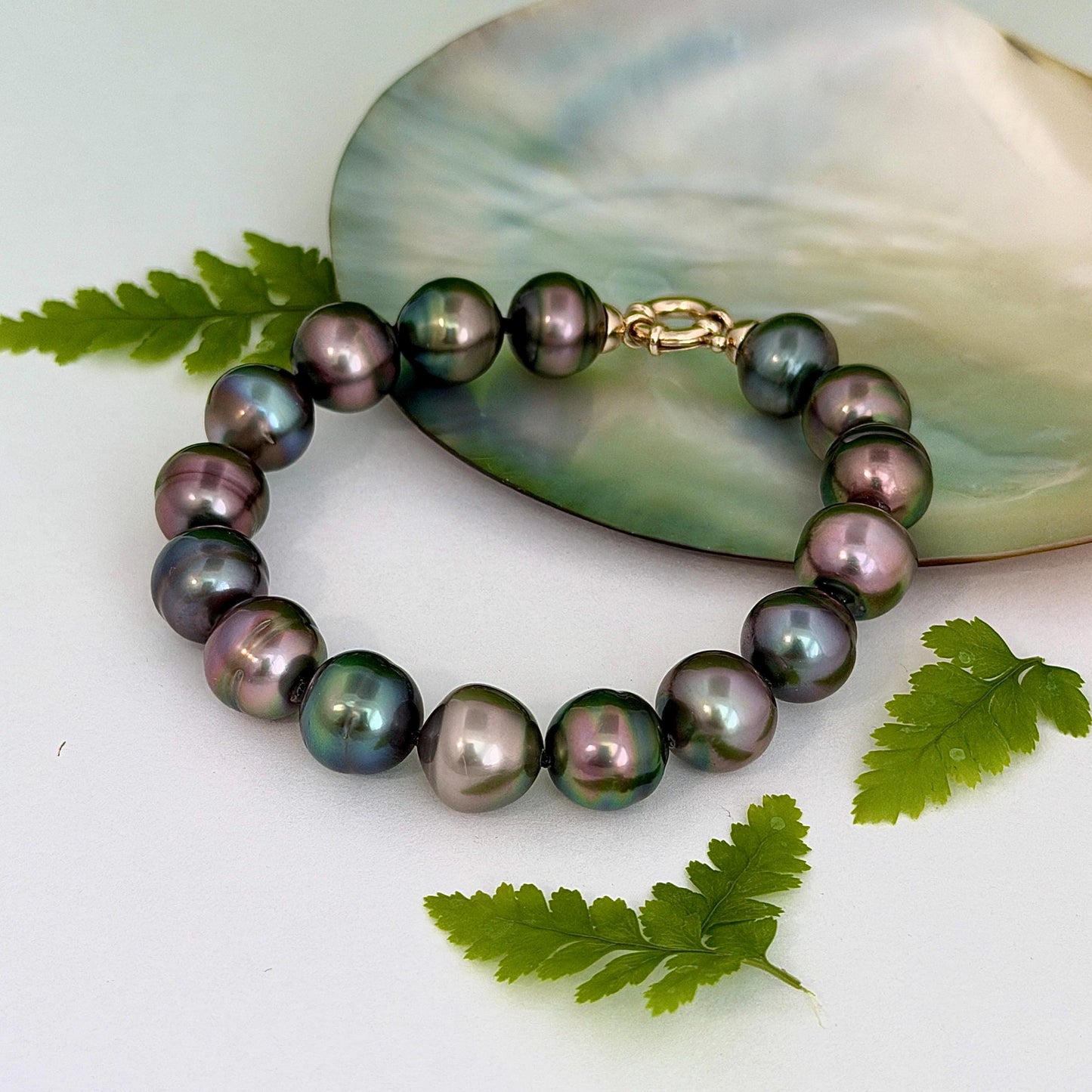 Tahitian Pearl Bracelet • gold vermeil clasp • PEACOCK colors • multicolor strand