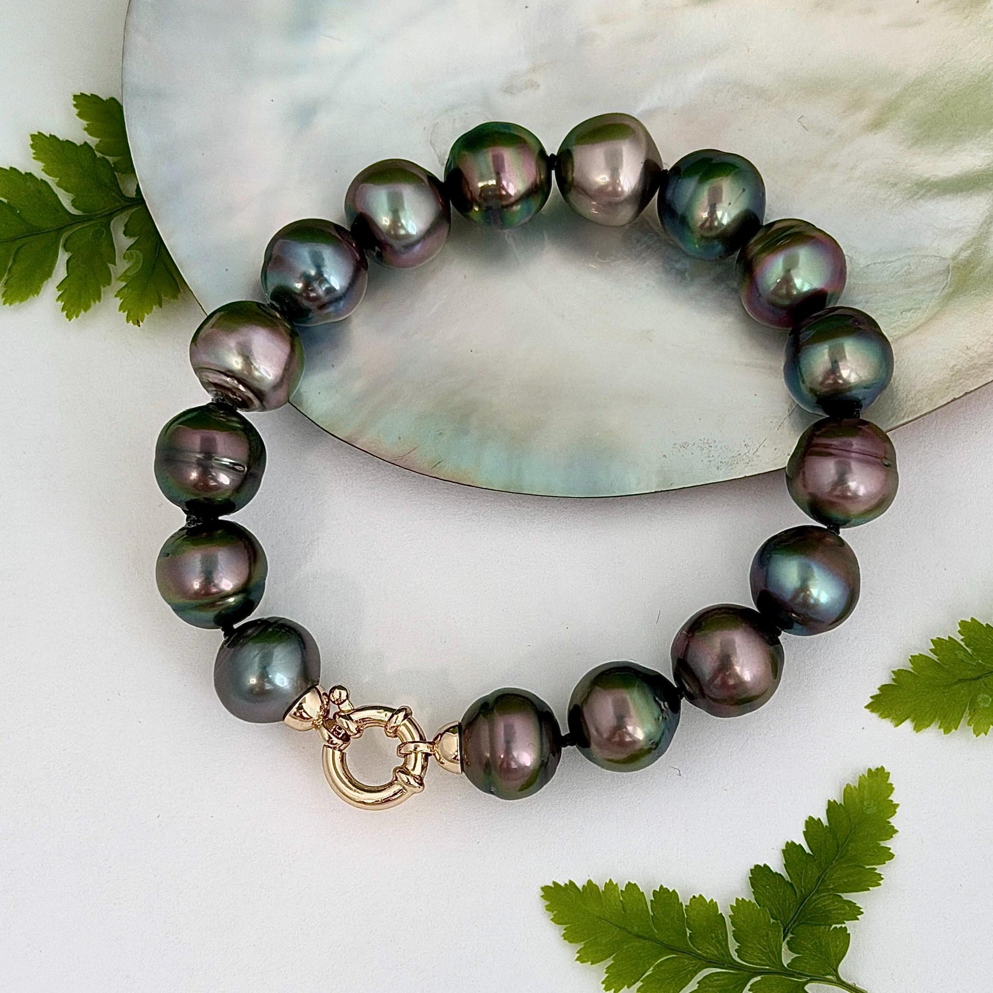 Tahitian Pearl Bracelet • gold vermeil clasp • PEACOCK colors • multicolor strand