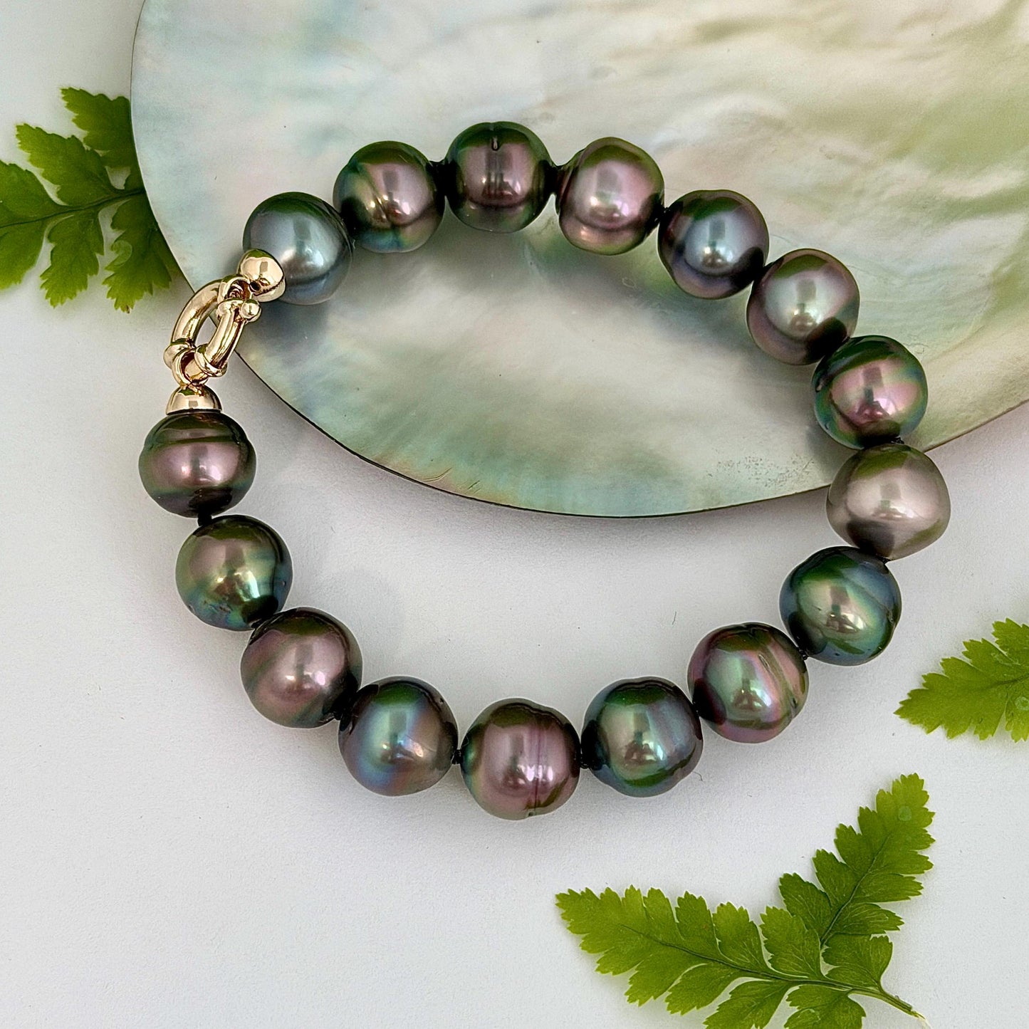 Tahitian Pearl Bracelet • gold vermeil clasp • PEACOCK colors • multicolor strand