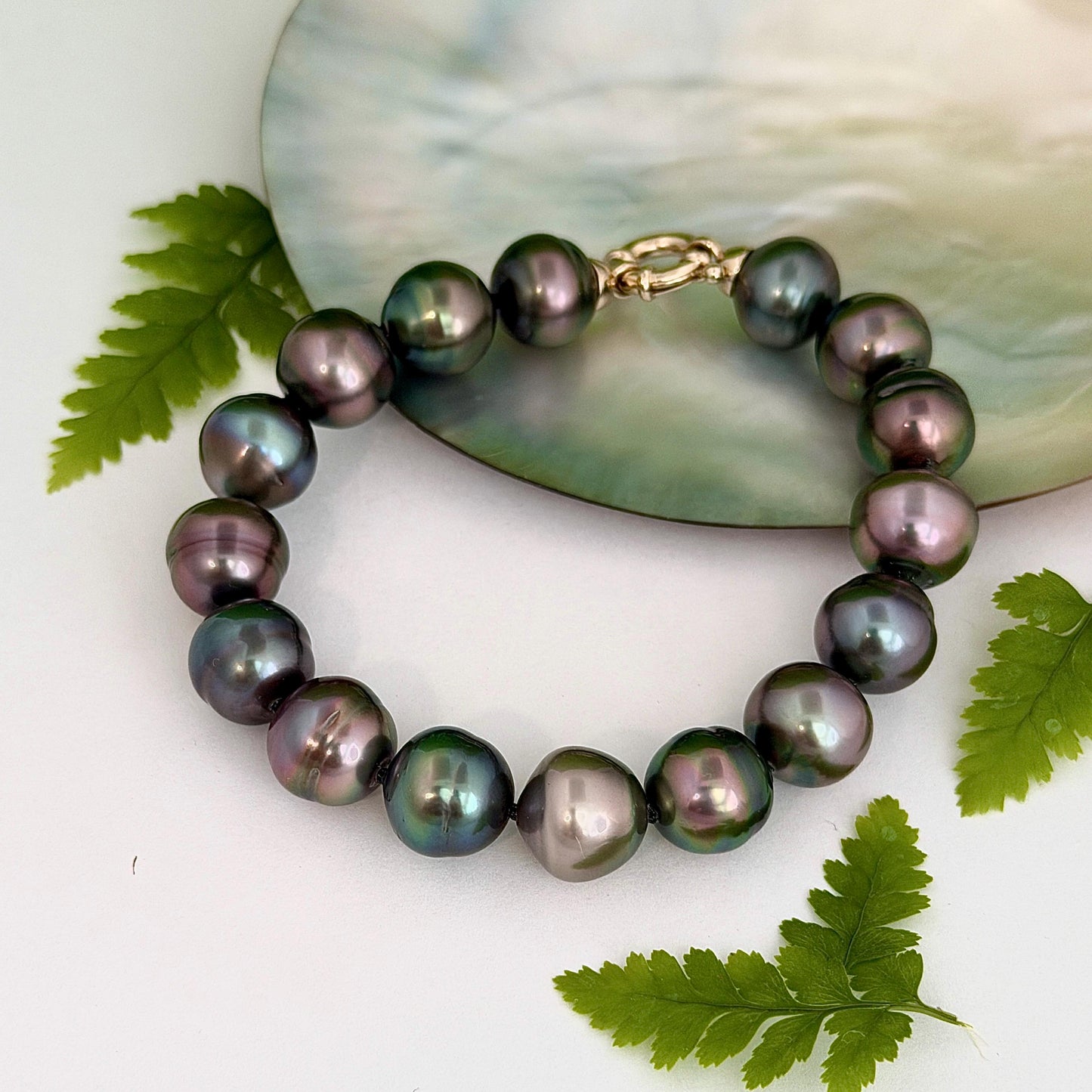 Tahitian Pearl Bracelet • gold vermeil clasp • PEACOCK colors • multicolor strand