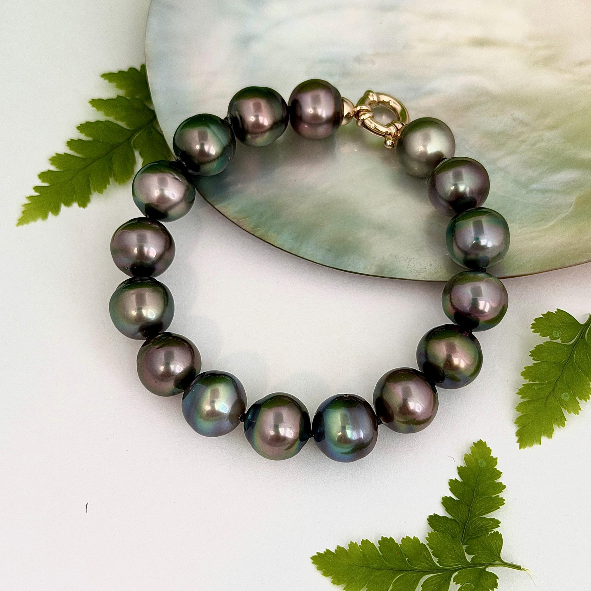 Tahitian Pearl Bracelet • gold vermeil clasp • PEACOCK colors • multicolor strand
