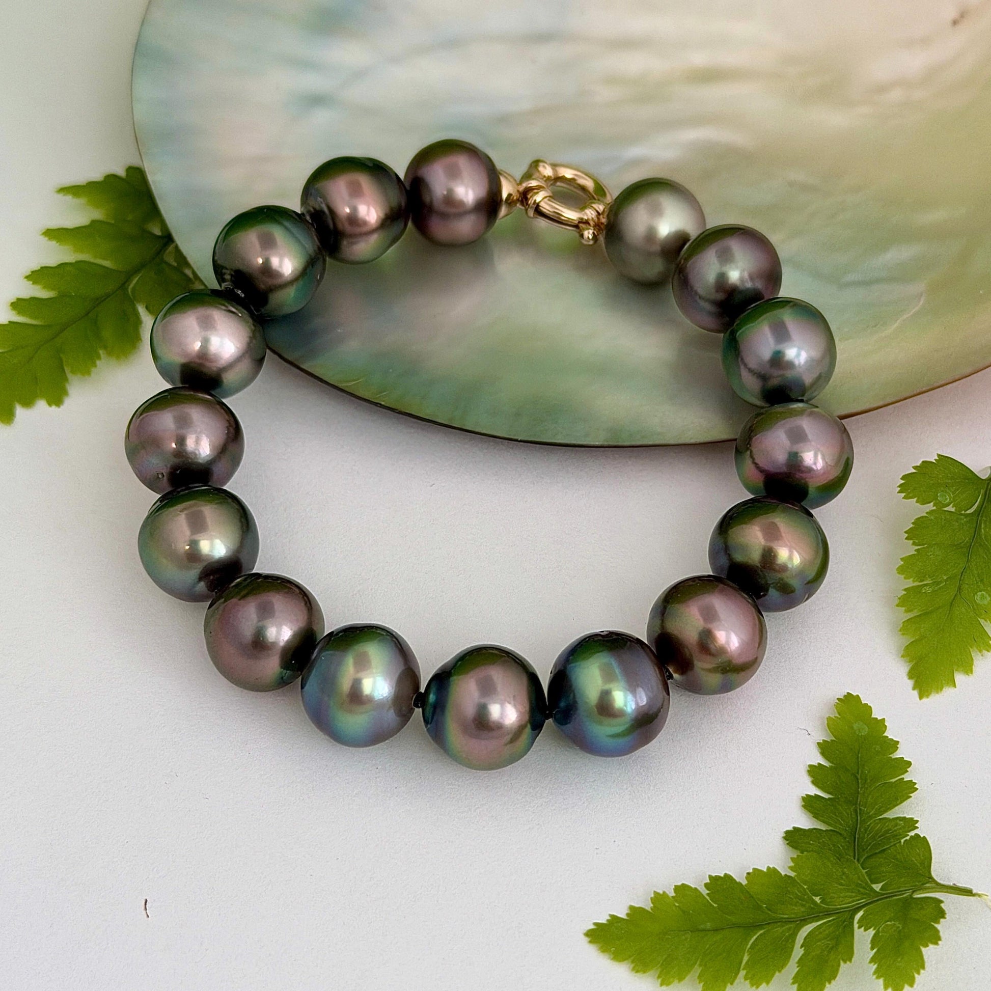 Tahitian Pearl Bracelet • gold vermeil clasp • PEACOCK colors • multicolor strand