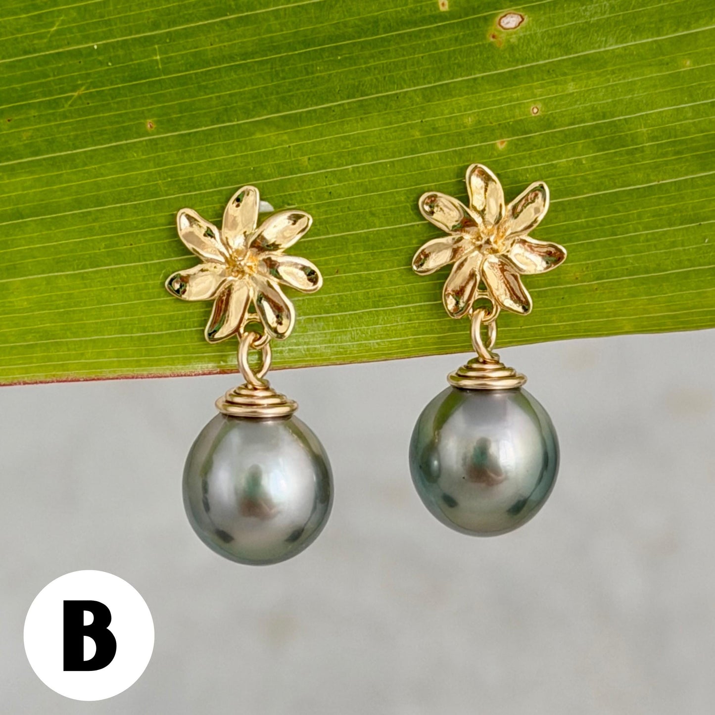 Tahitian pearl stud earrings — Gardenia Tiare flower • Gold jewelry