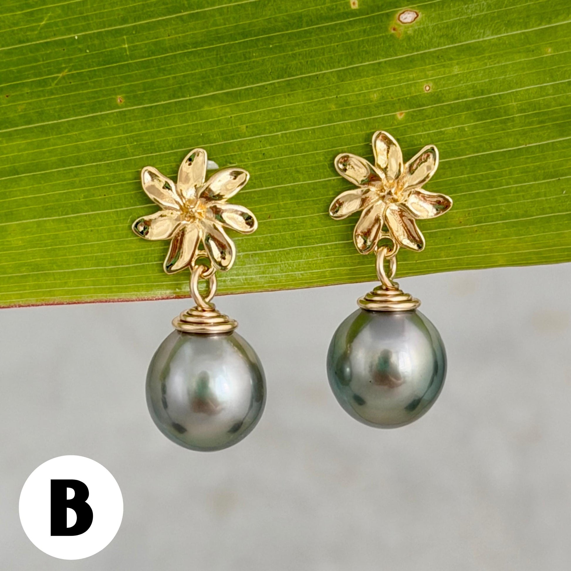 Tahitian pearl stud earrings — Gardenia Tiare flower • Gold jewelry