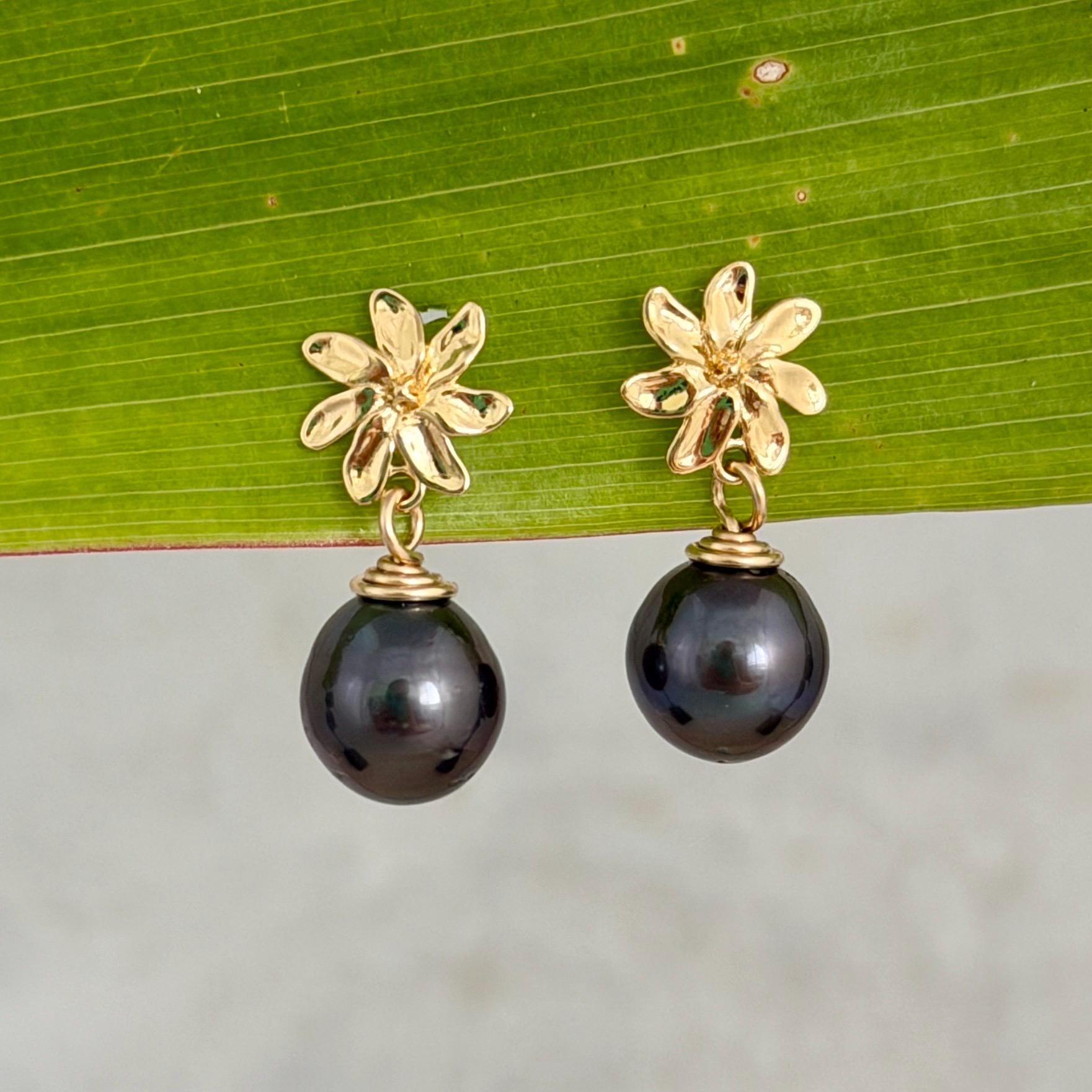Tahitian pearl stud earrings — Gardenia Tiare flower • Gold jewelry