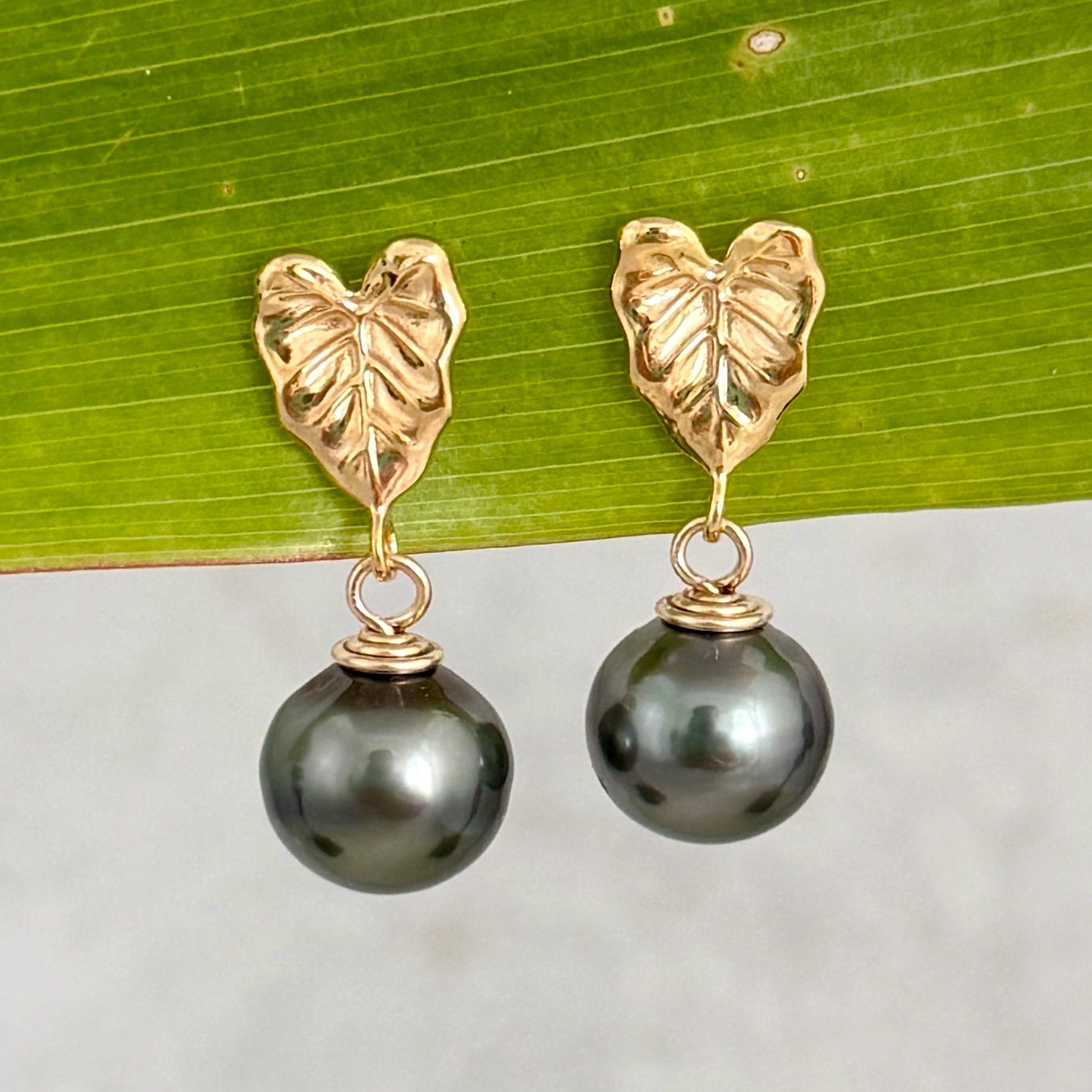 Tahitian pearl earrings • Kalo studs • Hawaiian design • Gold Taro leaf