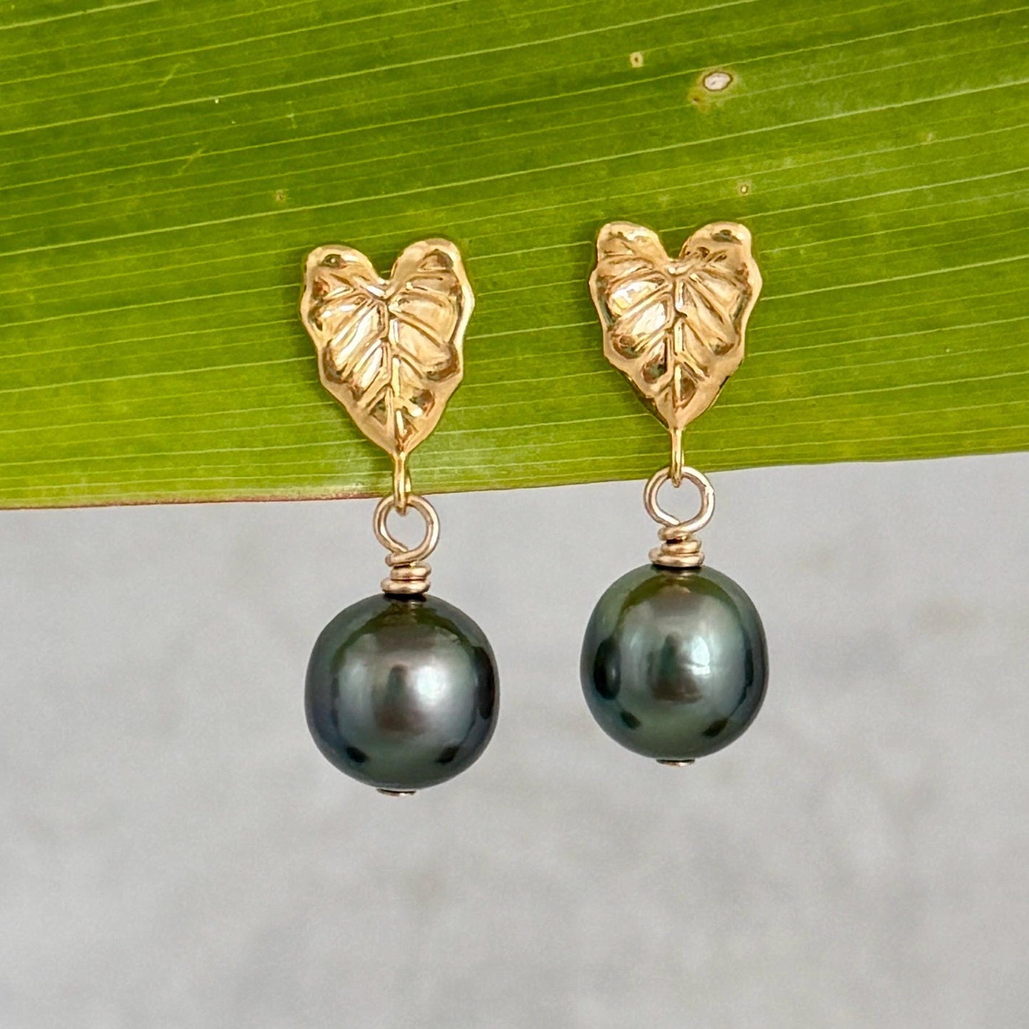 Tahitian pearl earrings • Kalo studs • Hawaiian design • Gold Taro leaf
