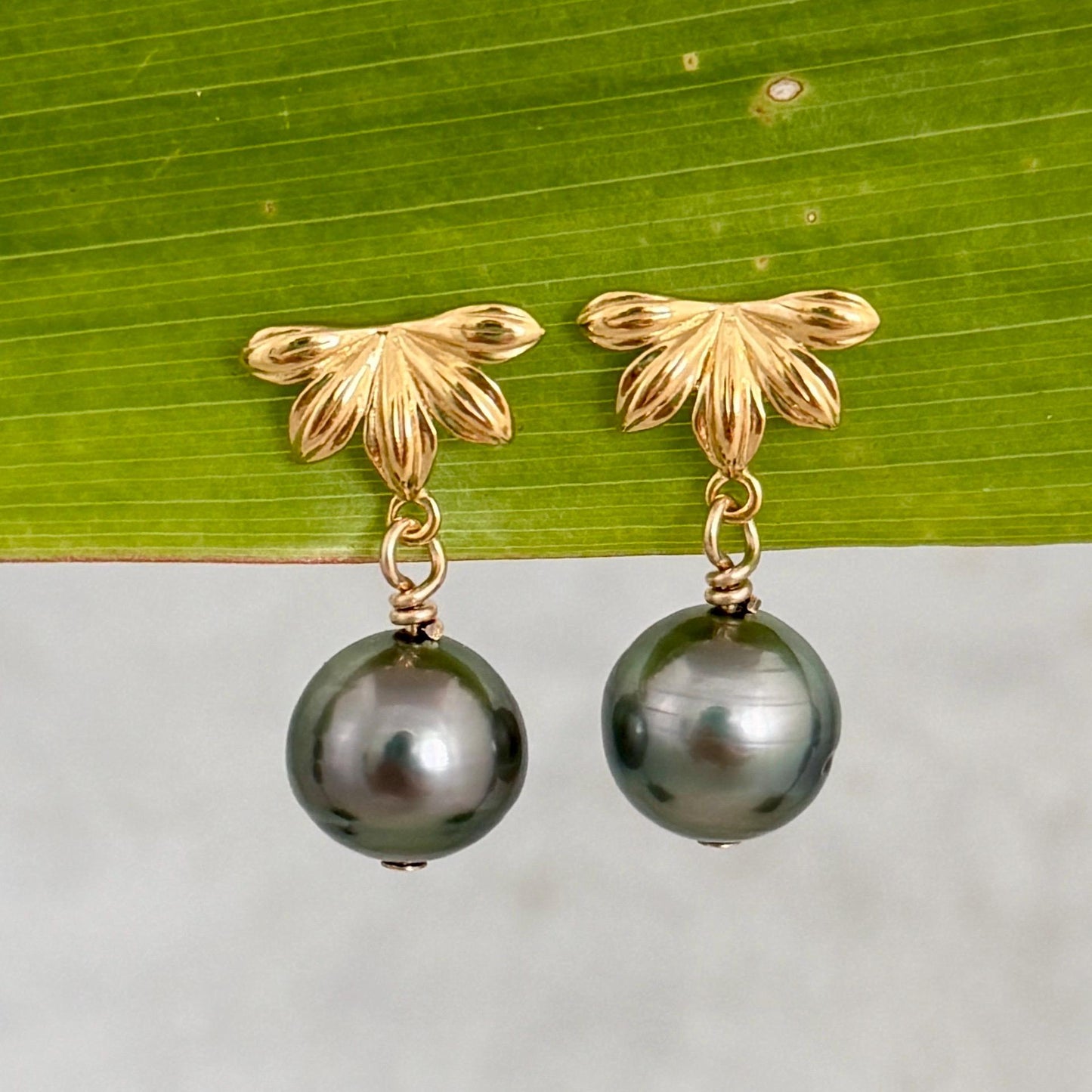 Naupaka Stud Earrings • Tahitian Pearl Drop Earrings • Hawaiian Jewelry in Gold vermeil