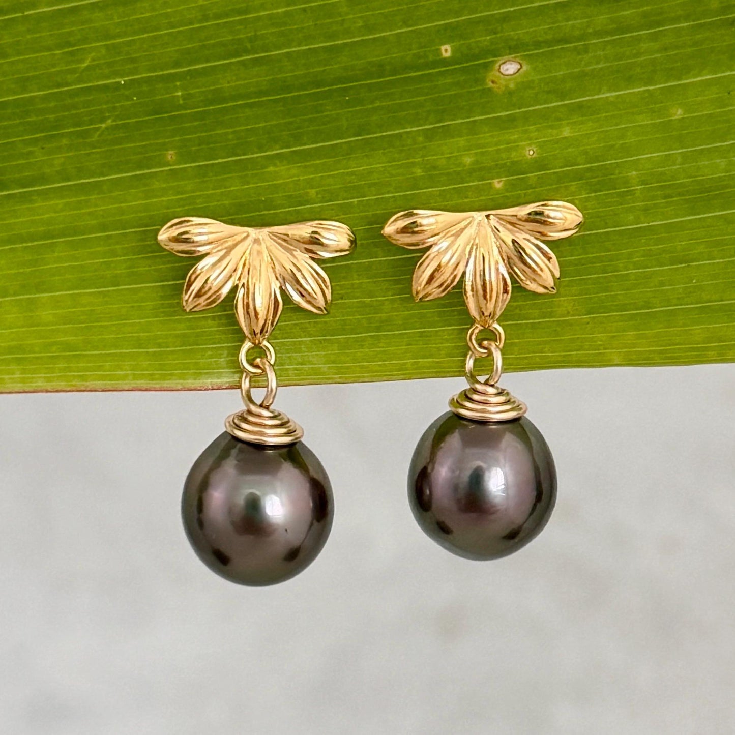 Naupaka Stud Earrings • Tahitian Pearl Drop Earrings • Hawaiian Jewelry in Gold vermeil