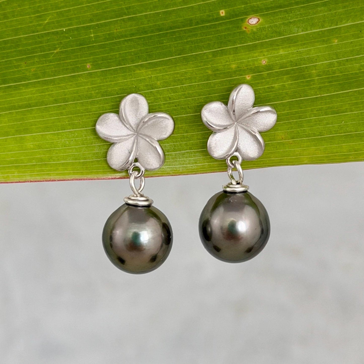 Tahitian Pearl Plumeria Earrings: Sterling Silver Floral Studs