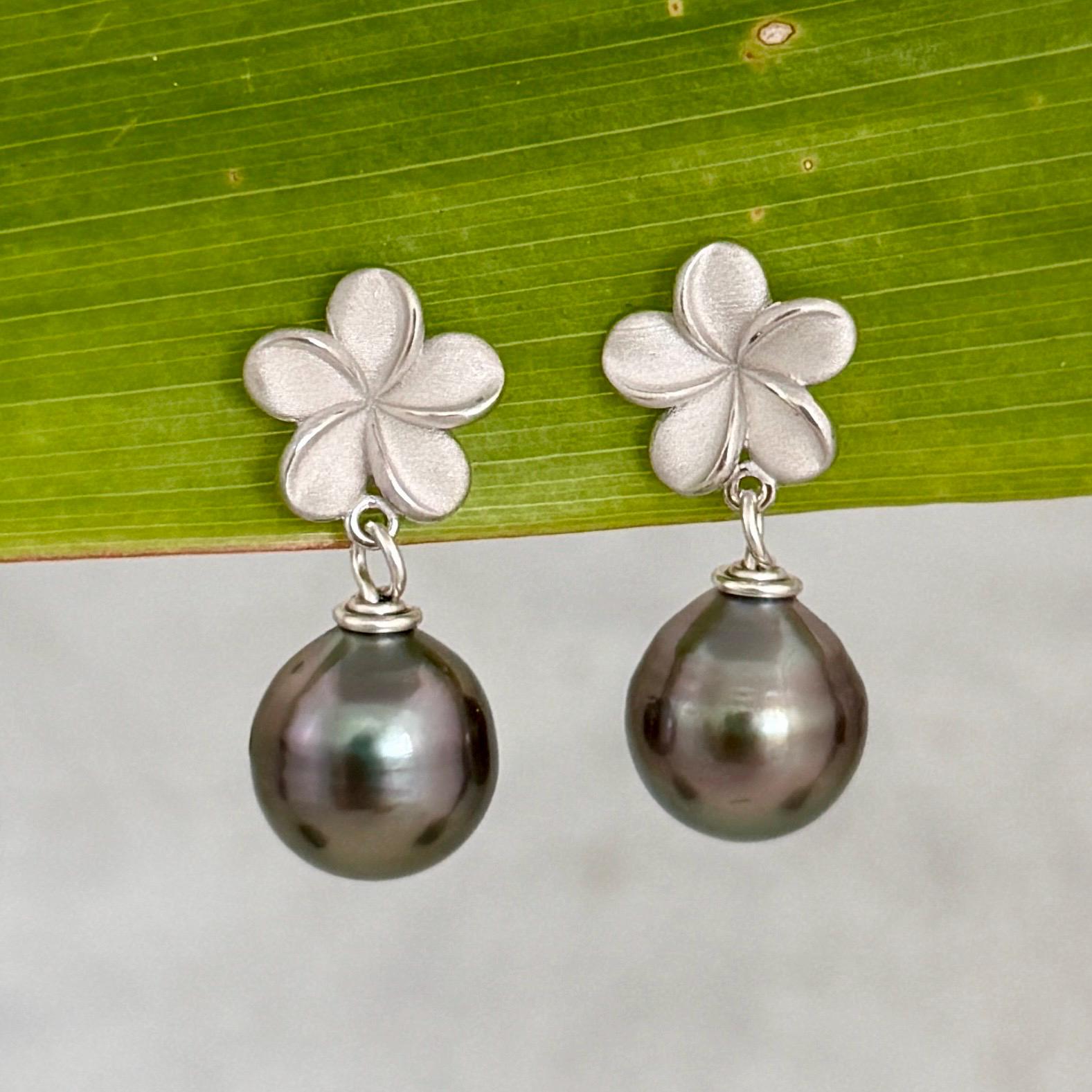Tahitian Pearl Plumeria Earrings: Sterling Silver Floral Studs