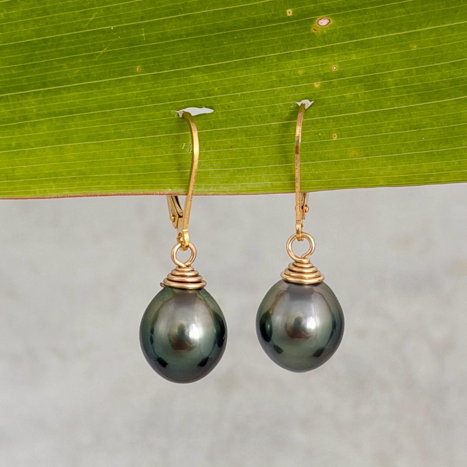 Tahitian Pearl Leverback Earrings • Gold filled dangle jewelry • Peacock Green