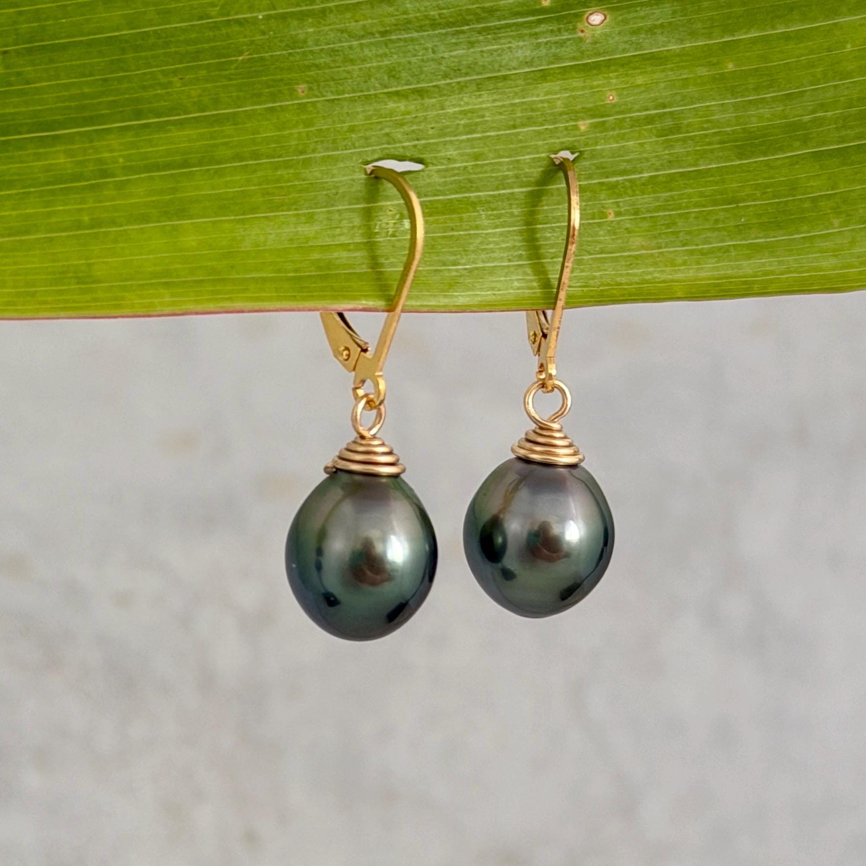 Tahitian Pearl Leverback Earrings • Gold filled dangle jewelry • Peacock Green