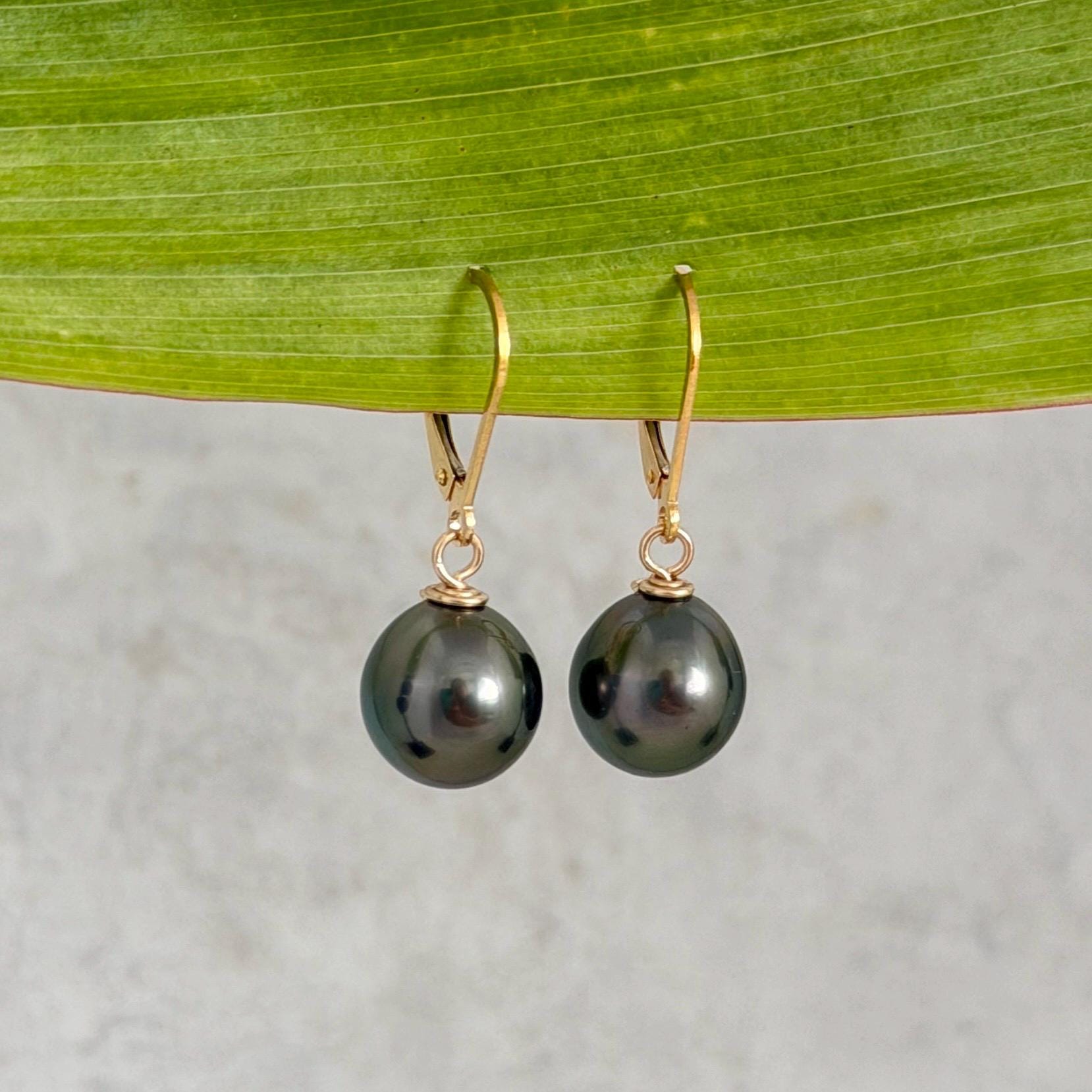 Tahitian Pearl Leverback Earrings • Gold filled dangle jewelry • Dark Green
