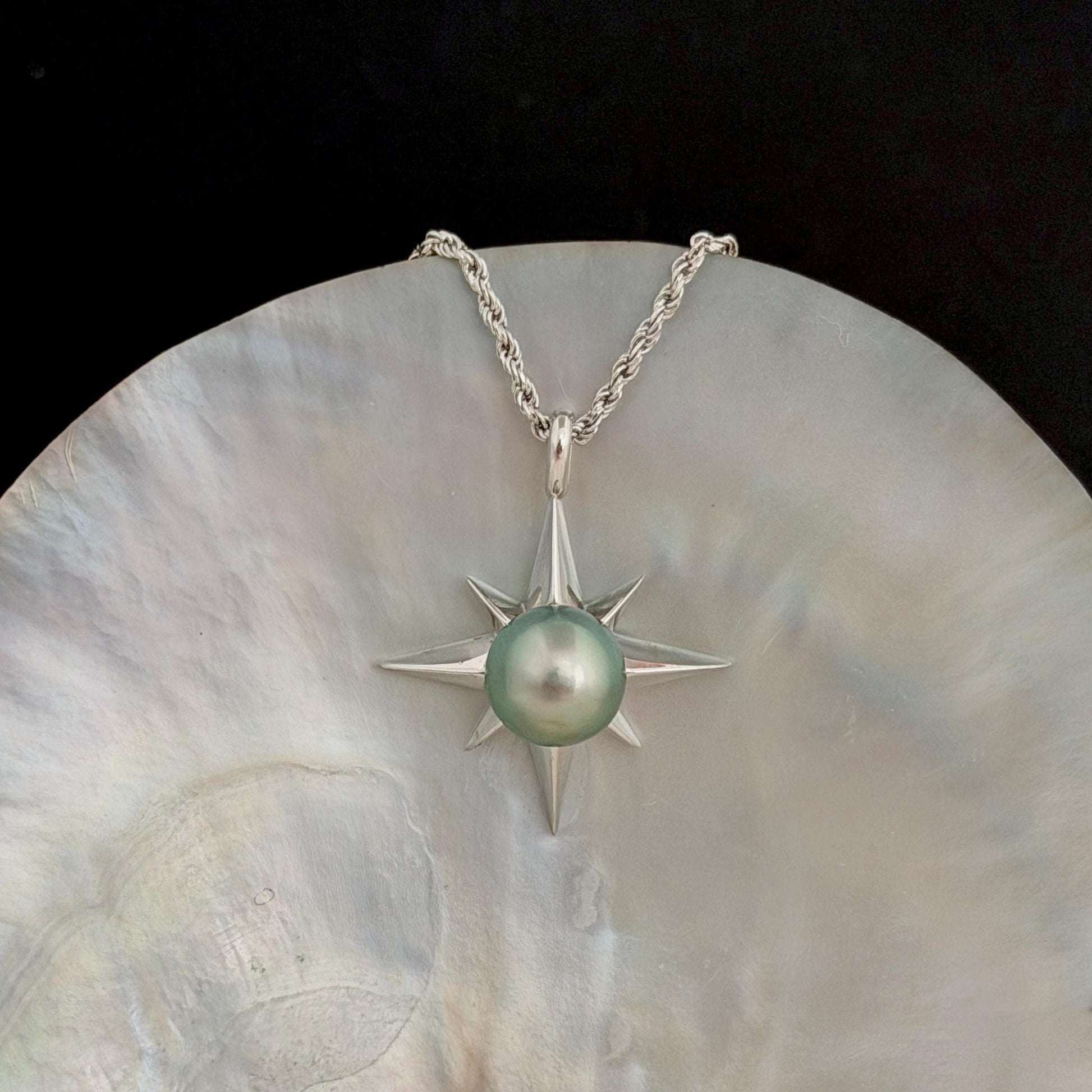 Tahitian Pearl Star Necklace: Sterling Silver Starburst Pendant, Hawaiian Jewelry