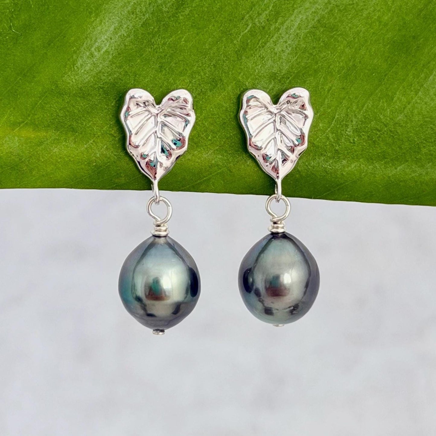 Tahitian pearl earrings — Kalo stud jewelry • Tropical Leaf design • Sterling silver