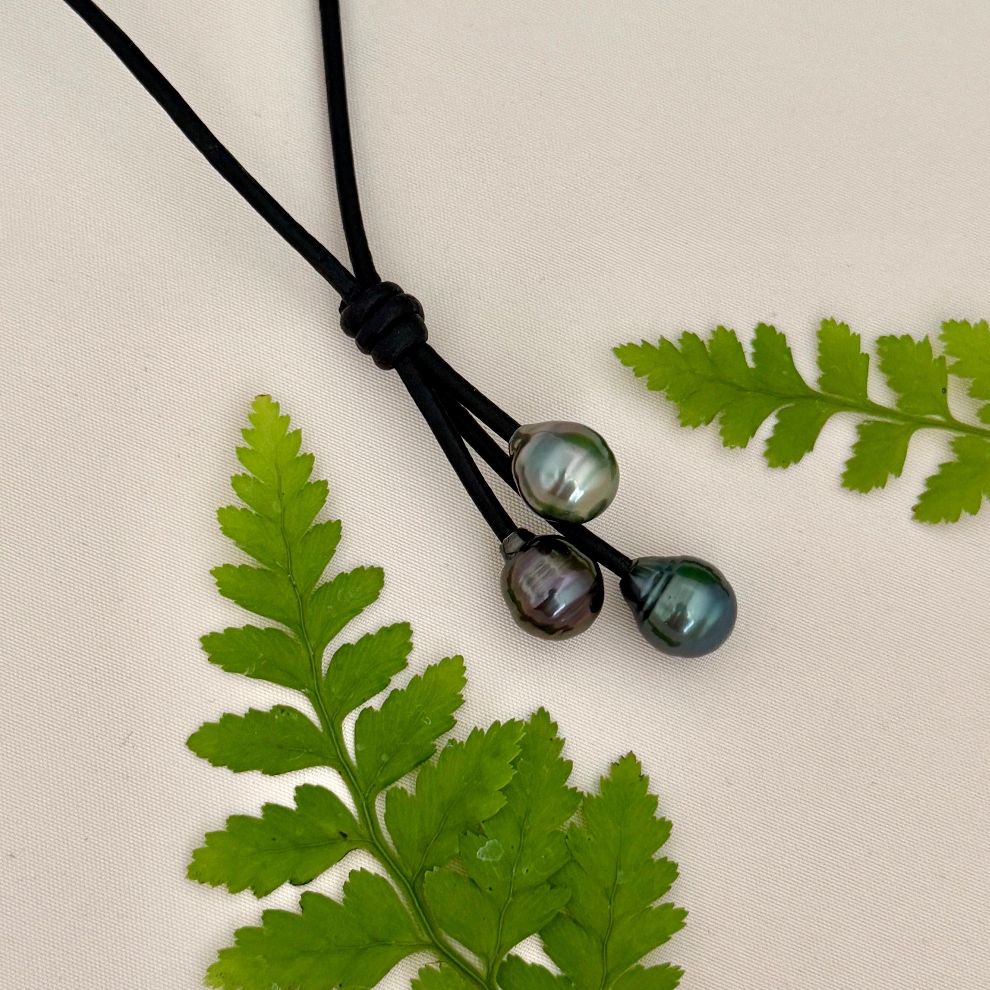 Tahitian Pearl Cluster Necklace: Leather Cord • Golden Peacock Pink Blue