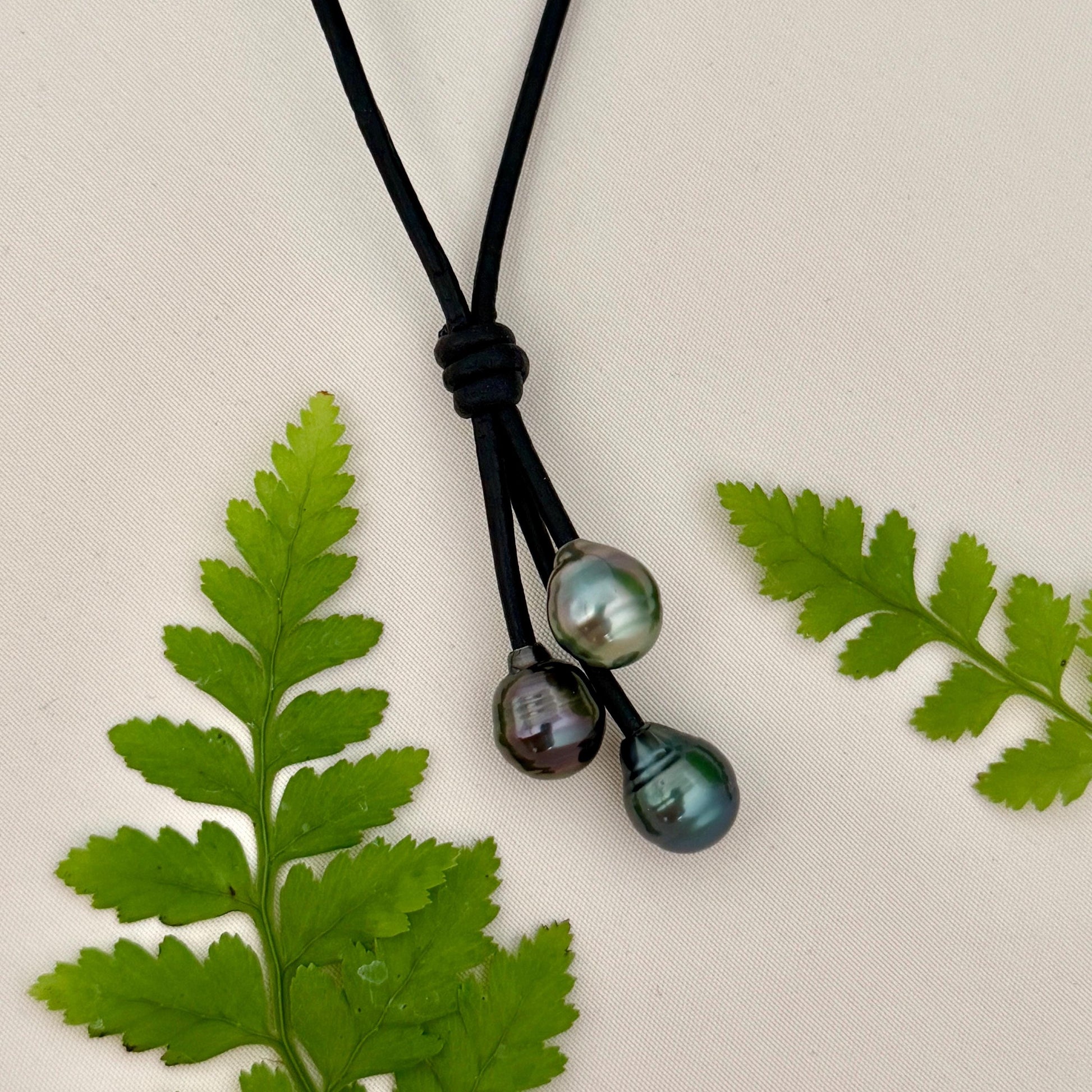Tahitian Pearl Cluster Necklace: Leather Cord • Golden Peacock Pink Blue