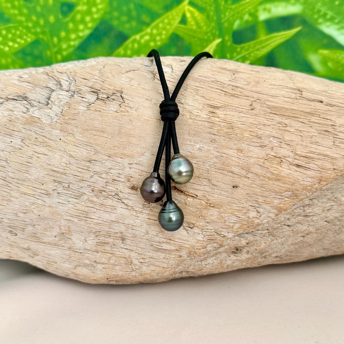 Tahitian Pearl Cluster Necklace: Leather Cord • Golden Peacock Pink Blue