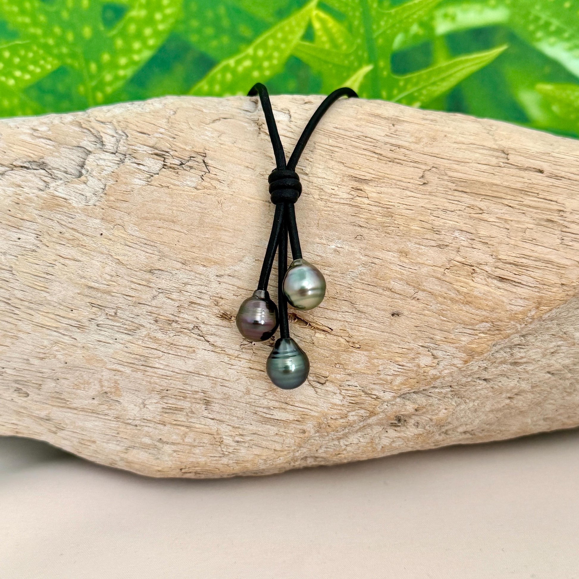 Tahitian Pearl Cluster Necklace: Leather Cord • Golden Peacock Pink Blue