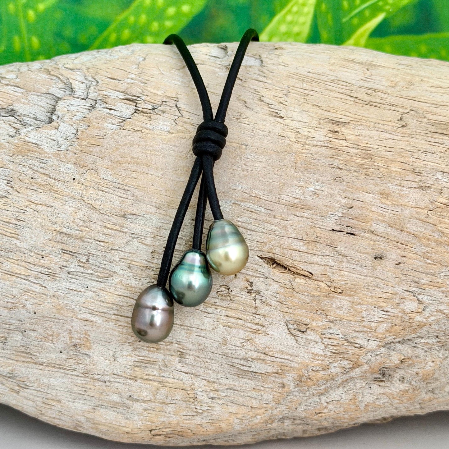 Tahitian Pearl Cluster Necklace: Leather Cord • Golden Green Pink