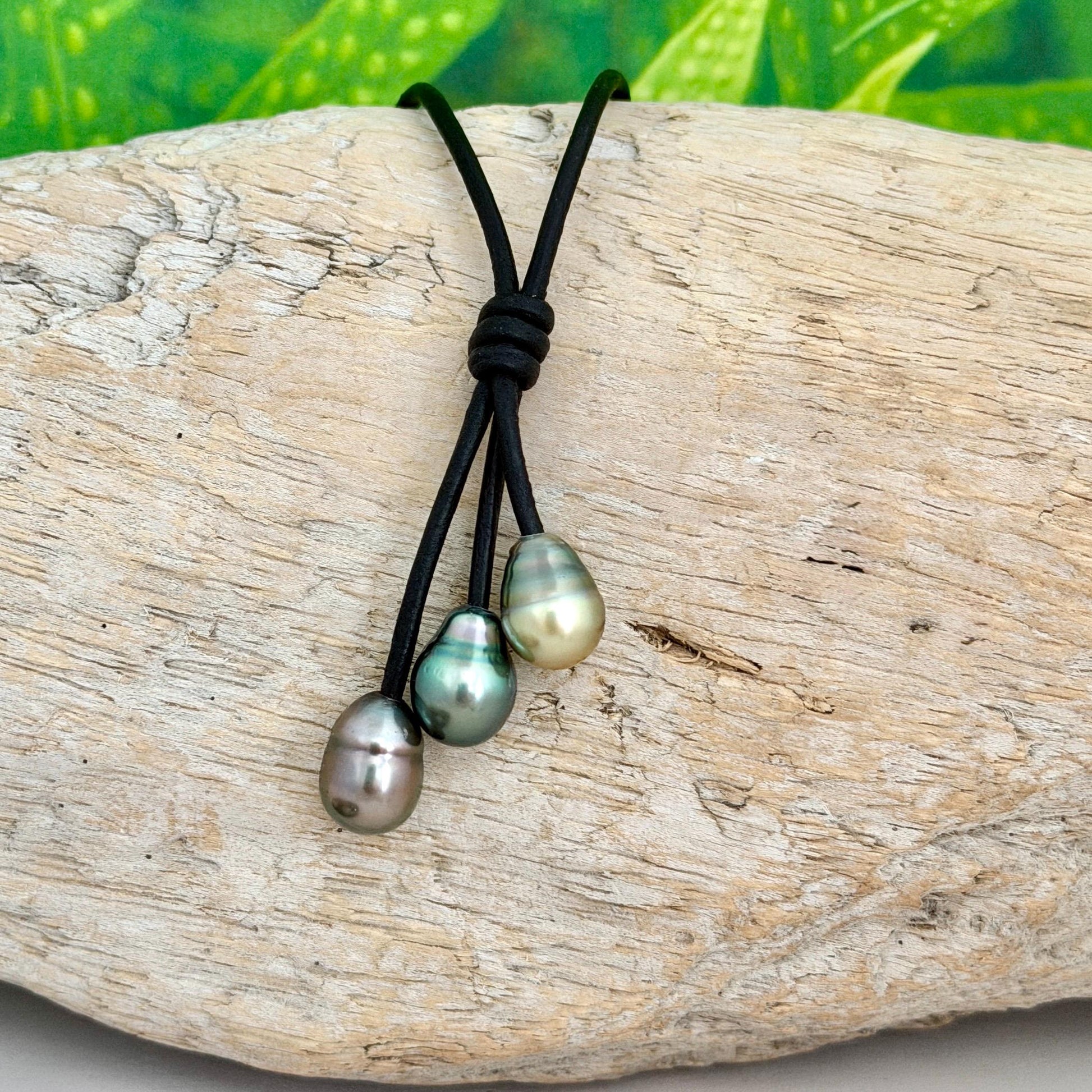 Tahitian Pearl Cluster Necklace: Leather Cord • Golden Green Pink