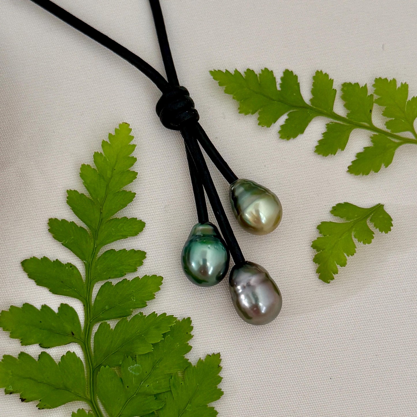 Tahitian Pearl Cluster Necklace: Leather Cord • Golden Green Pink