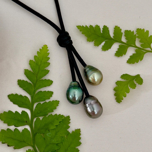 Tahitian Pearl Cluster Necklace: Leather Cord • Golden Green Pink